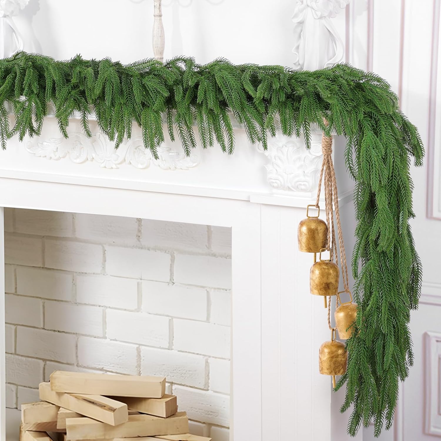 2 Pcs 6 Ft Artificial Norfolk Pine Garlands, Real Touch Winter Pine Garland, Green Artificial Greenery Garland for Table, Mantle, Wall, Indoor, Outdoor Christmas Decorations (2, 6 FT)