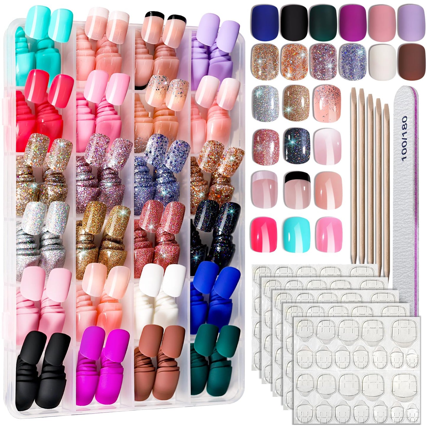 Press on Nails Set 576PCS 24 Colors Short Square Matte Glossy Glitter Natural Fit Lightweight Fake Nails for Nail Art