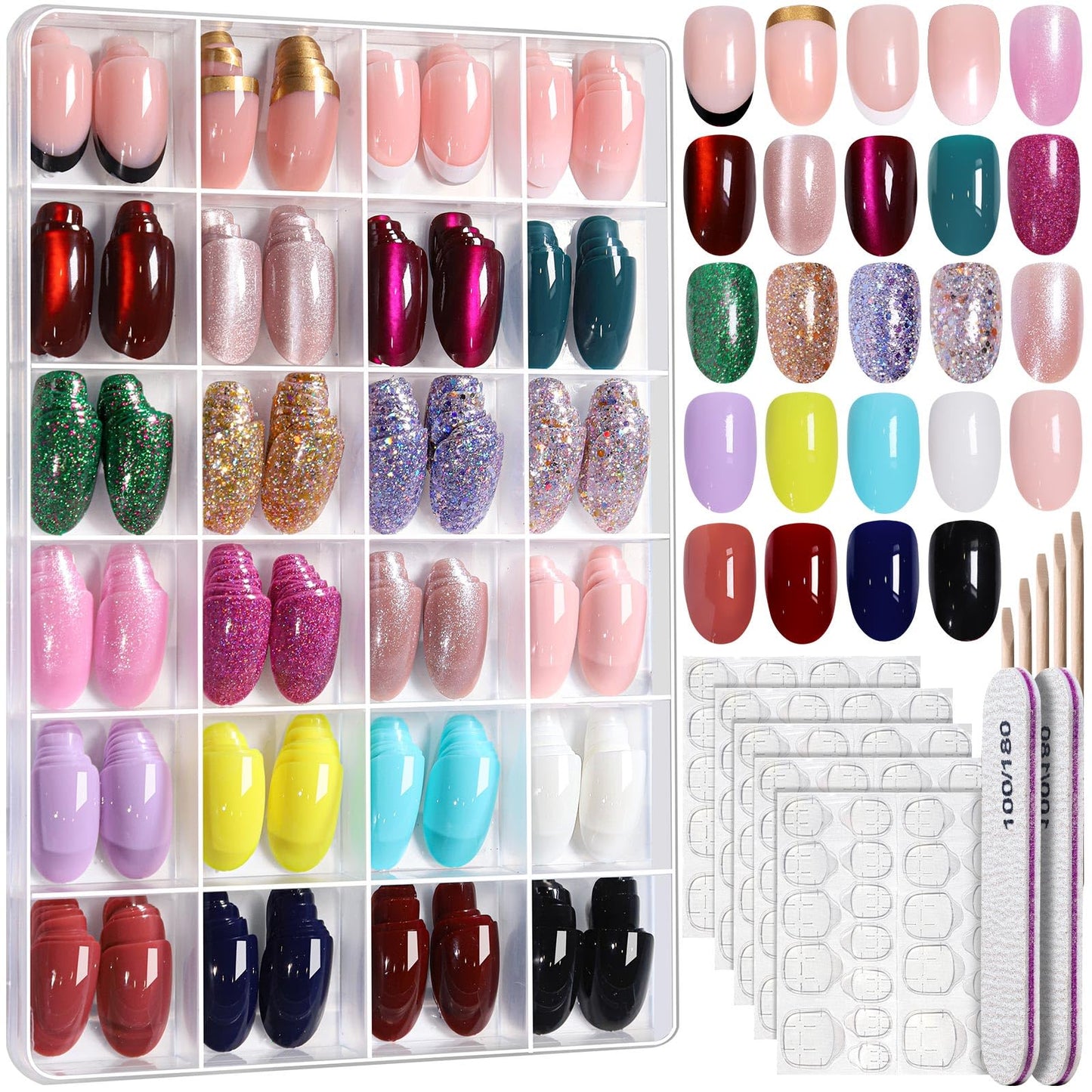Assorted nail polish colors in a organizer with a nail art template.