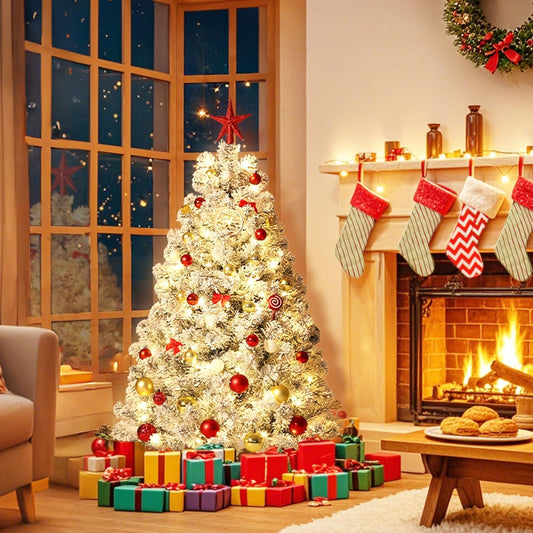 4.5 FT Prelit Artificial Christmas Tree with Dual Color LED Lights, 380 Branch Tips, Hinged Branches, Foldable Metal Stand, Foot Pedal, Easy Assembly, Indoor Holiday Home Decor