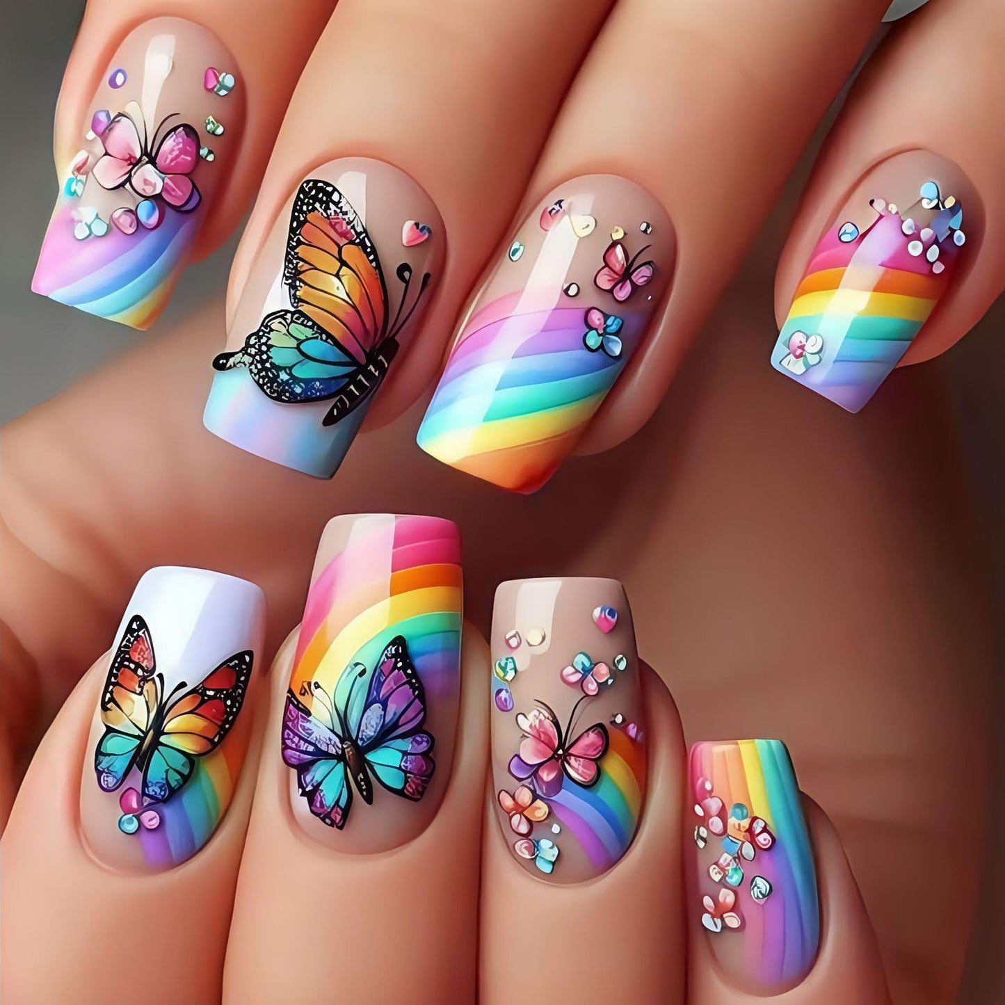 Colorful butterfly and rainbow-themed nail art on a hand.