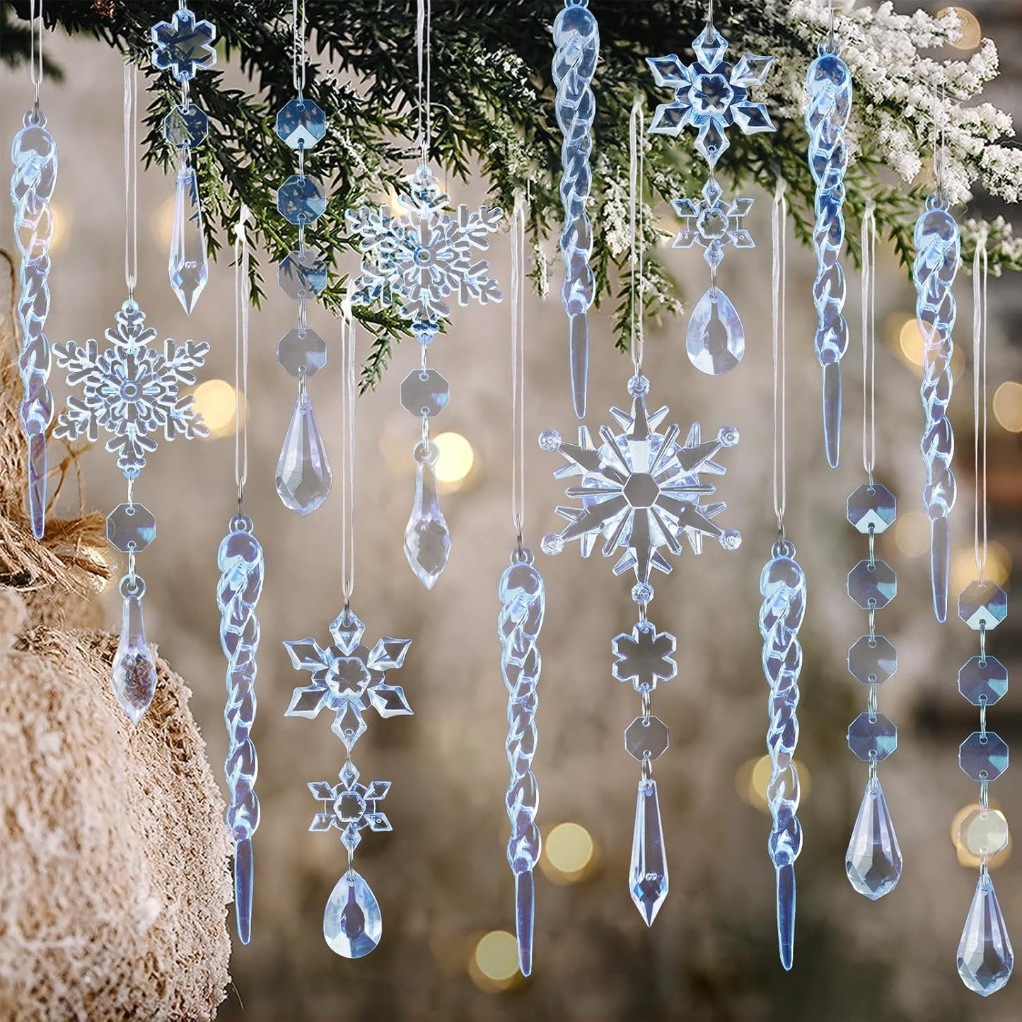 18Pcs Christmas Tree Decoration Crystal Ornaments - Hanging Acrylic Christmas Snowflake Icicle Drop Crystal Ornaments for Xmas Tree Winter New Year Party Supplies