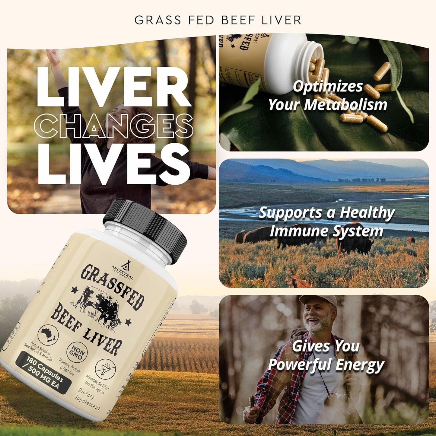 Grass Fed Beef Liver 180 Capsules, Supports Energy Production, Detoxification, Digestion, Immunity and Full Body Wellness, Non-Gmo, Freeze Dried Liver Health Supplement