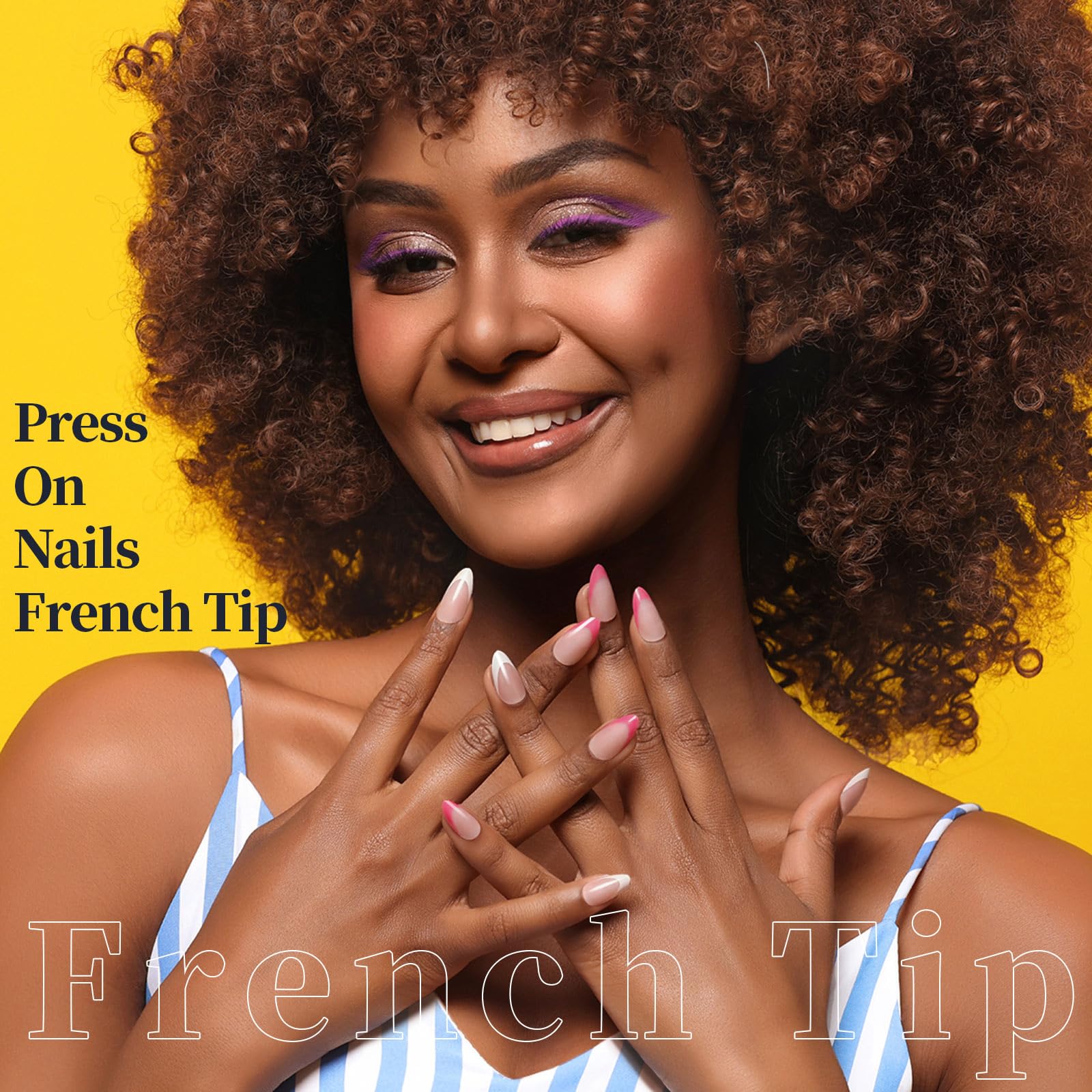 Woman with styled hair and press-on nails against a yellow background