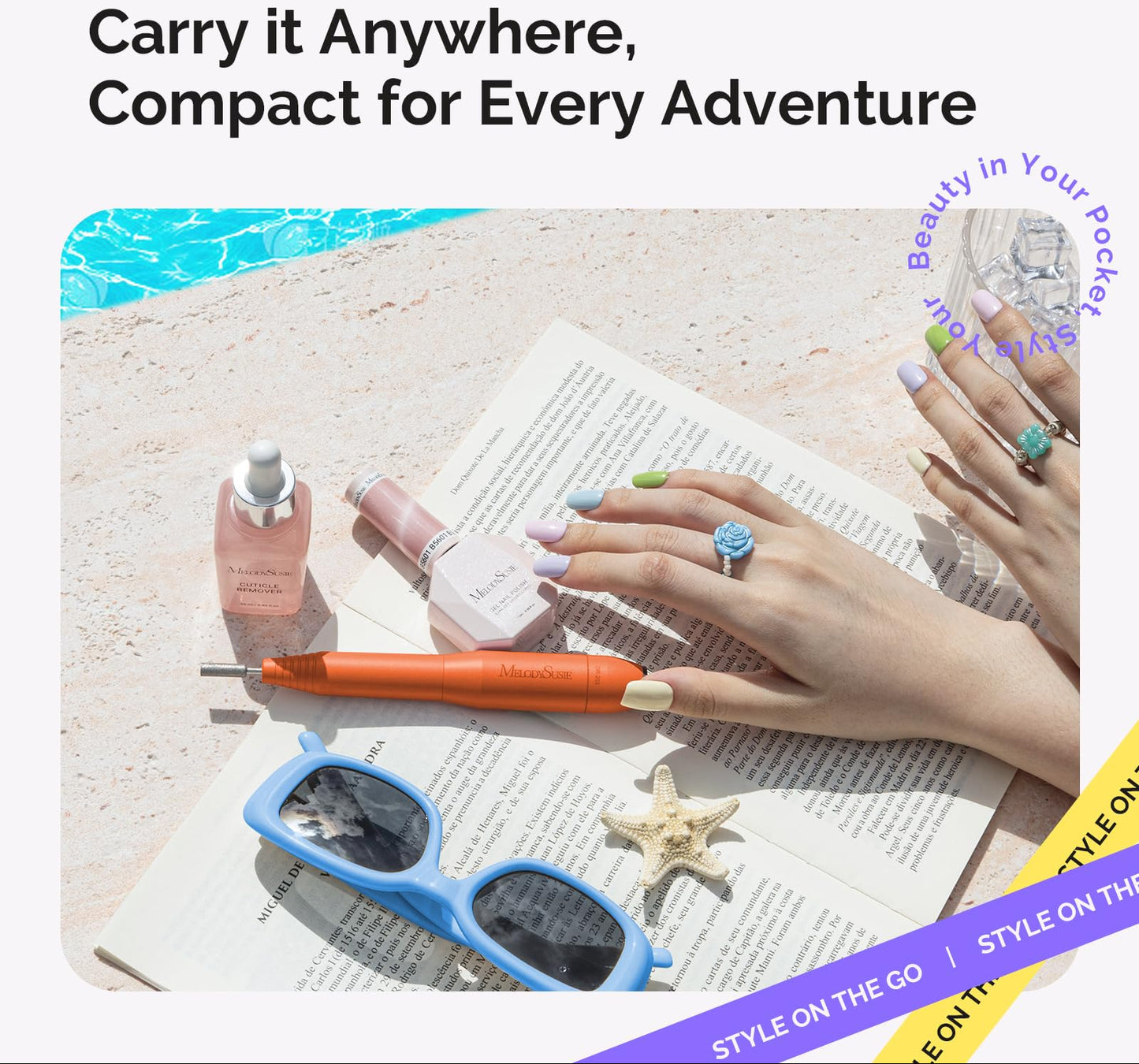 Advertisement for a nail drill set with text 'Carry it Anywhere, Compact for Every Adventure' by Melodius.