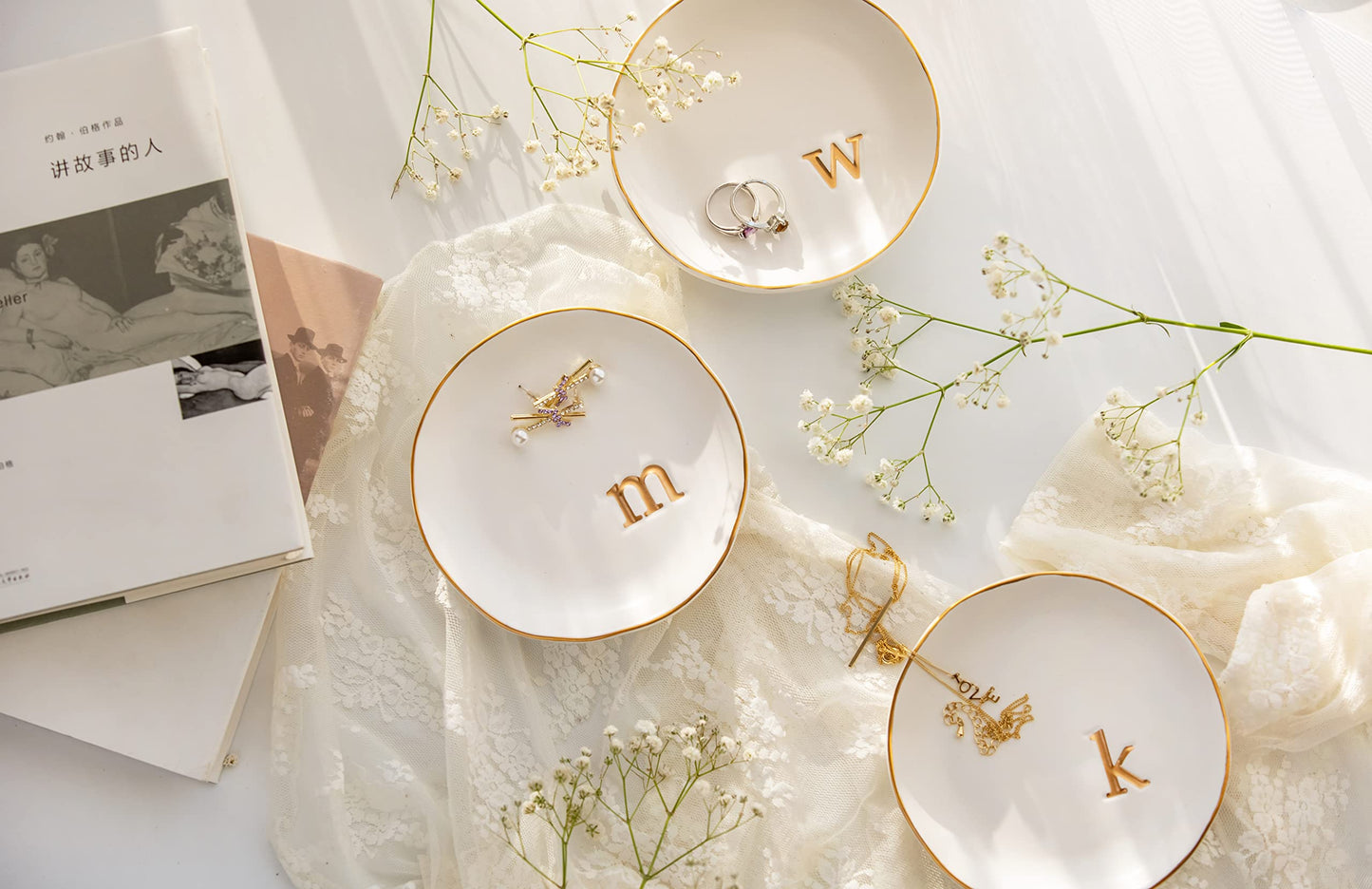 Ceramic Jewelry Tray White Trinket Dish for Rings Earrings Necklace Watch Keys