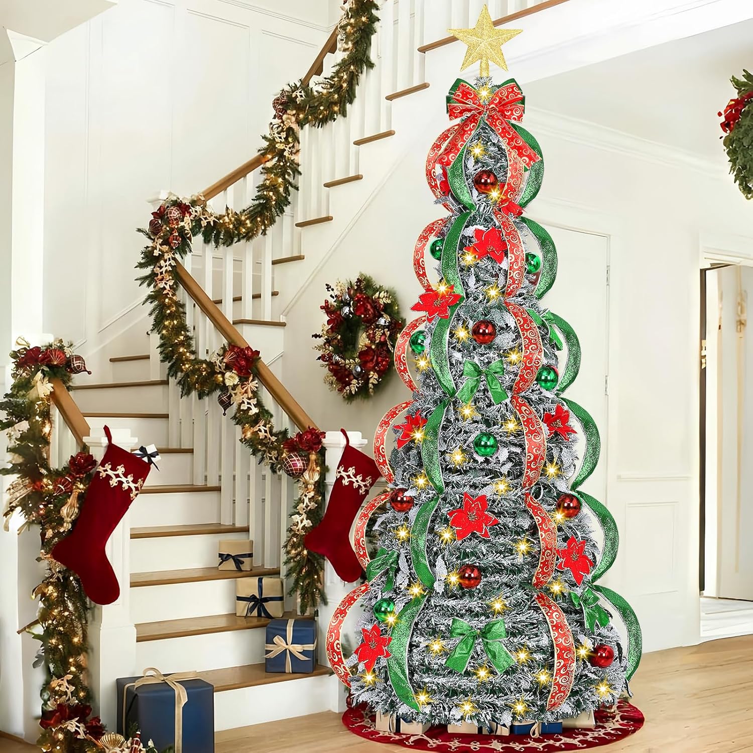 [ 8 Modes & Timer ] 6Ft Prelit Full Pop up Flocked Pencil Christmas Tree with 200 Warm White LED Lights, Balls, Red & Green Ribbon, Bows, Plug in Collapsible Xmas Tree Outdoor Indoor Christmas Decor