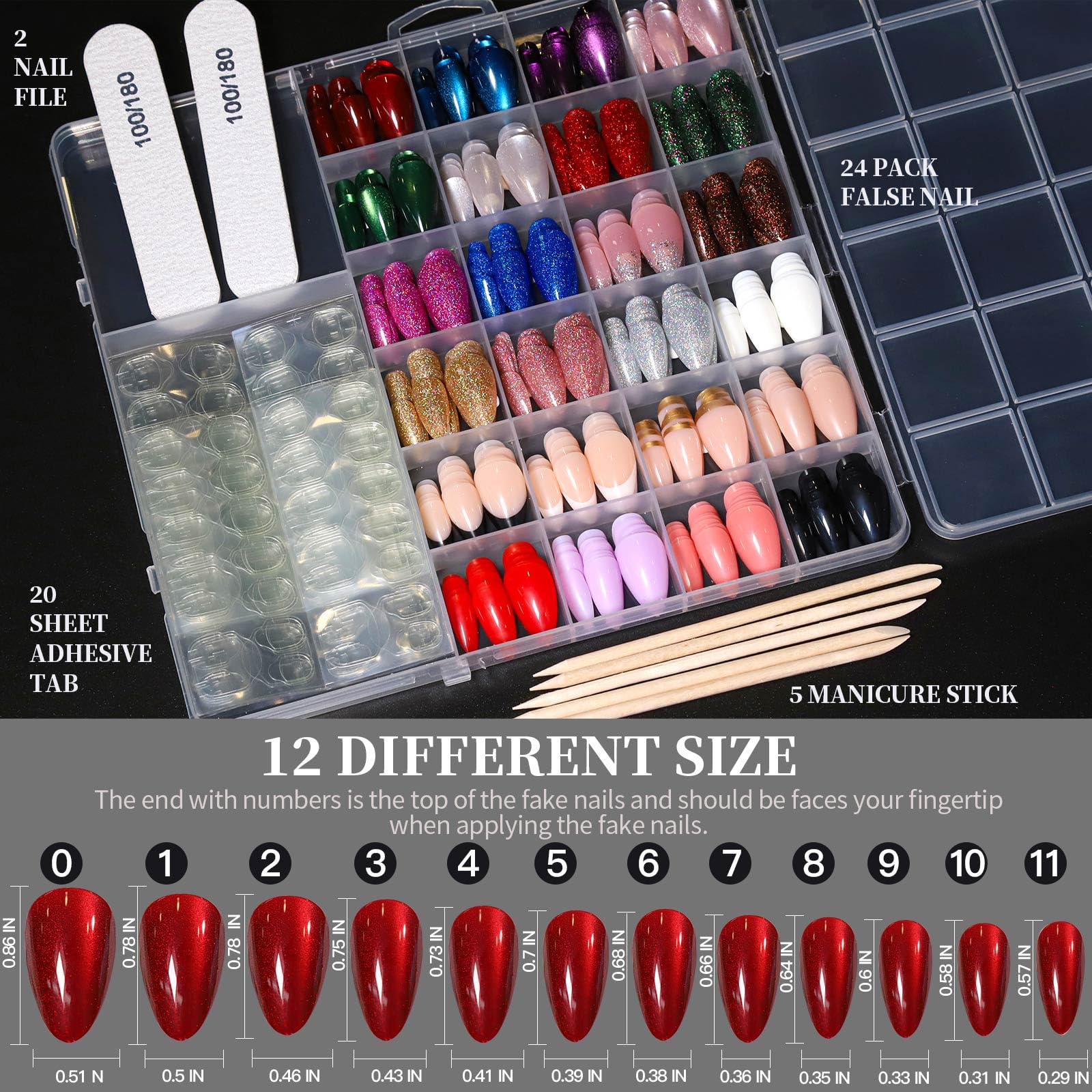 Nail art kit with false nails, nail files, adhesive tabs, and manicure sticks on a black background.
