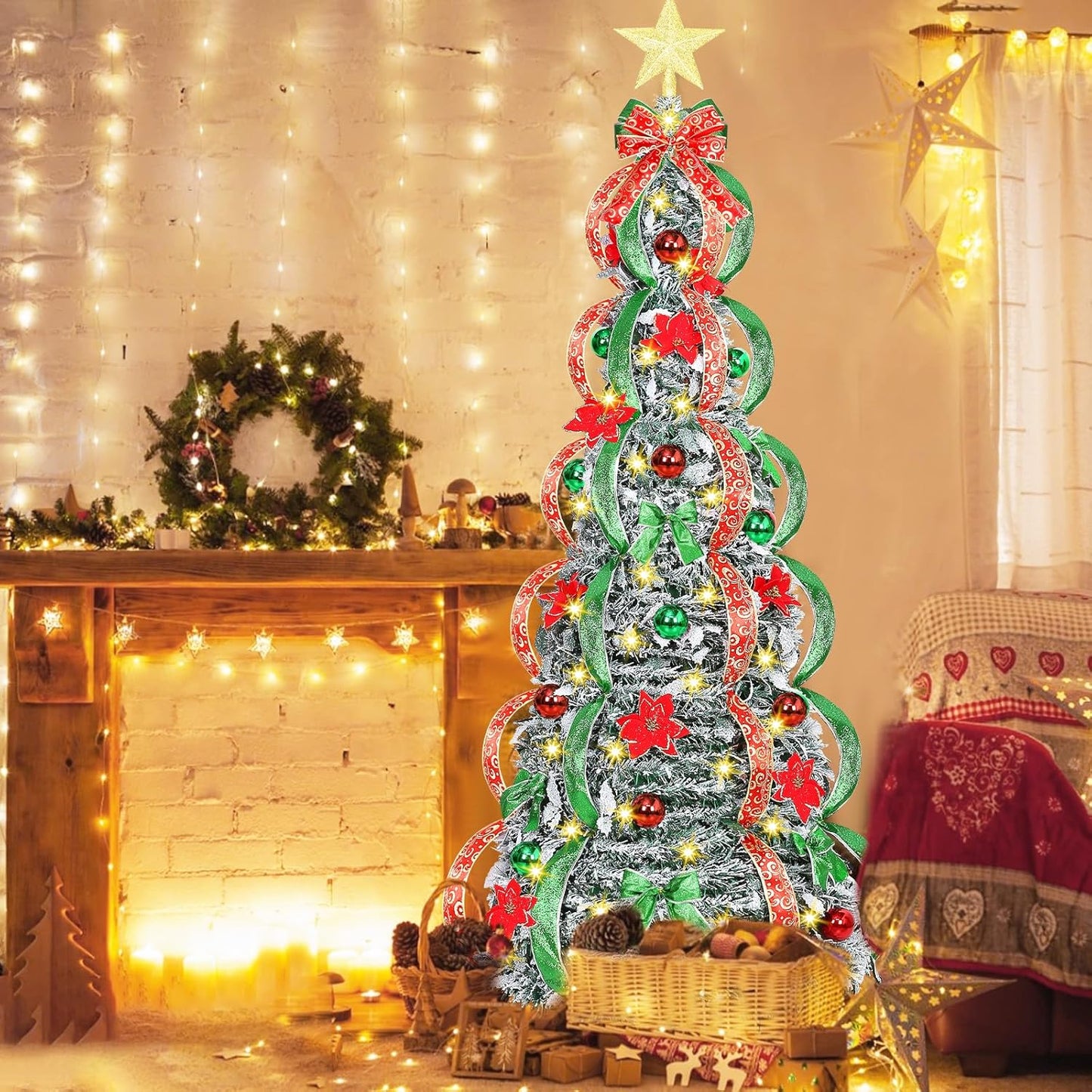[ 8 Modes & Timer ] 6Ft Prelit Full Pop up Flocked Pencil Christmas Tree with 200 Warm White LED Lights, Balls, Red & Green Ribbon, Bows, Plug in Collapsible Xmas Tree Outdoor Indoor Christmas Decor