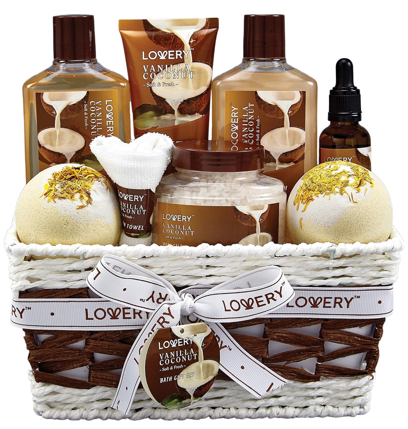 Gifts for Women Gift Basket for Women– 9 Piece Set of Vanilla Coconut Home Spa Set, Includes Fragrant Lotions, Extra Large Bath Bombs, Coconut Oil, Luxurious Bath Towel & More