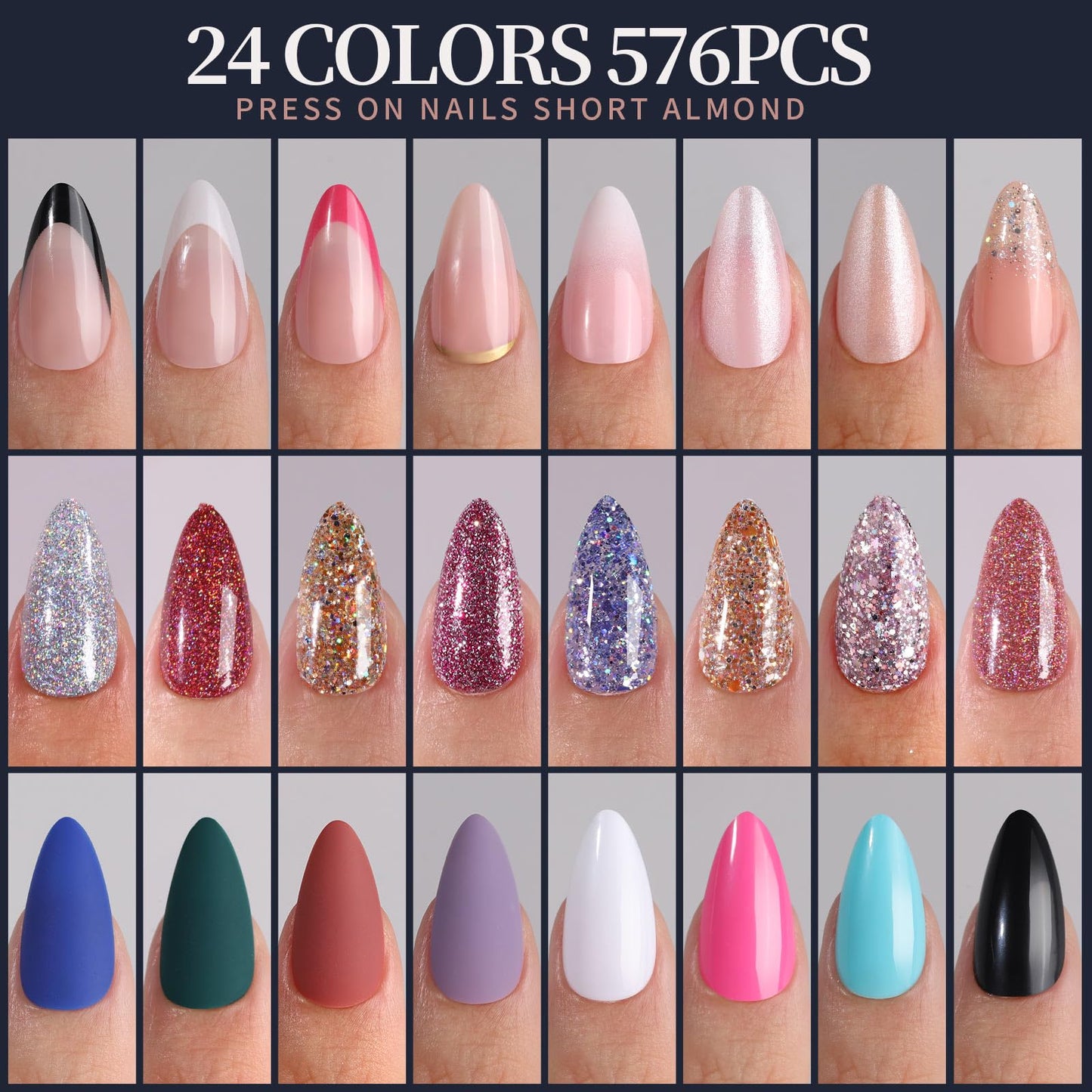 24 colors of press-on nails with short almond shape displayed on a grid.