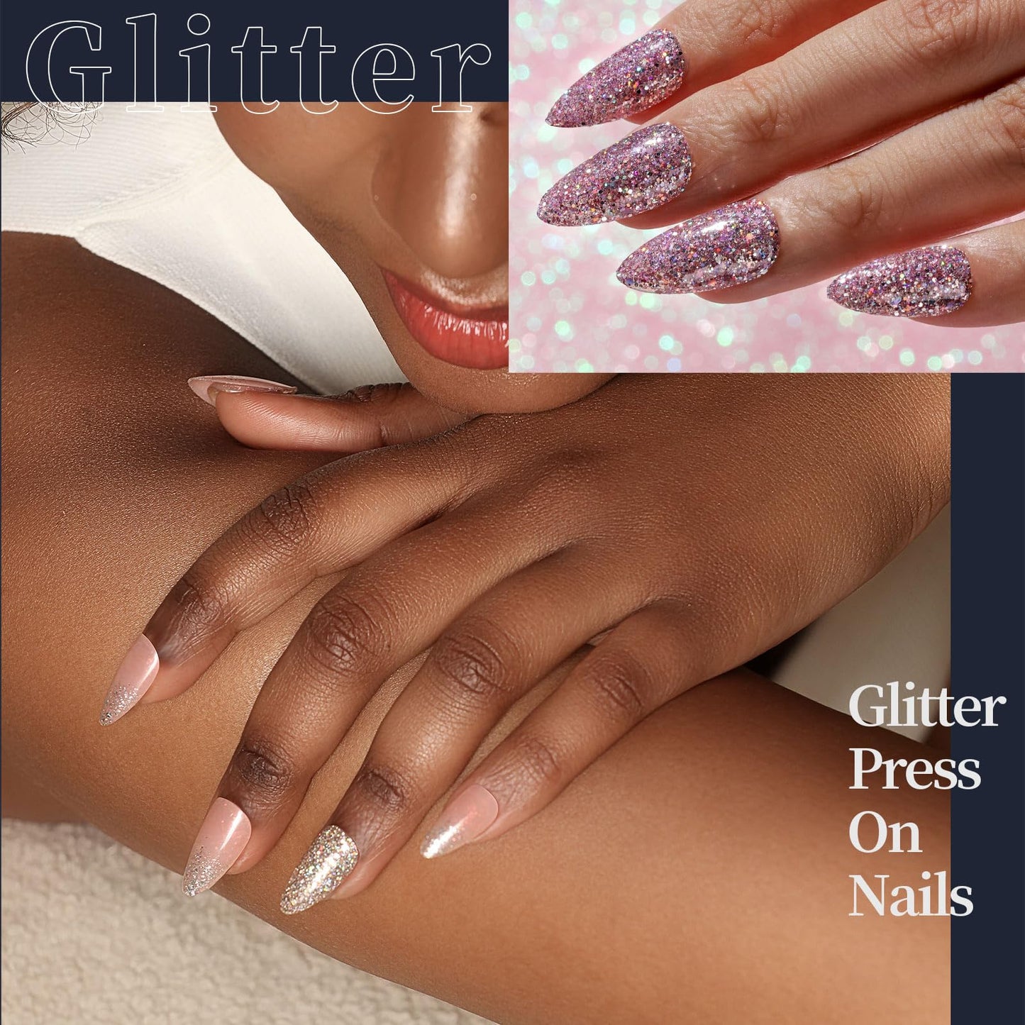 Collage of hands with glitter press-on nails and close-up of nails with text 'Glitter Press On Nails'.