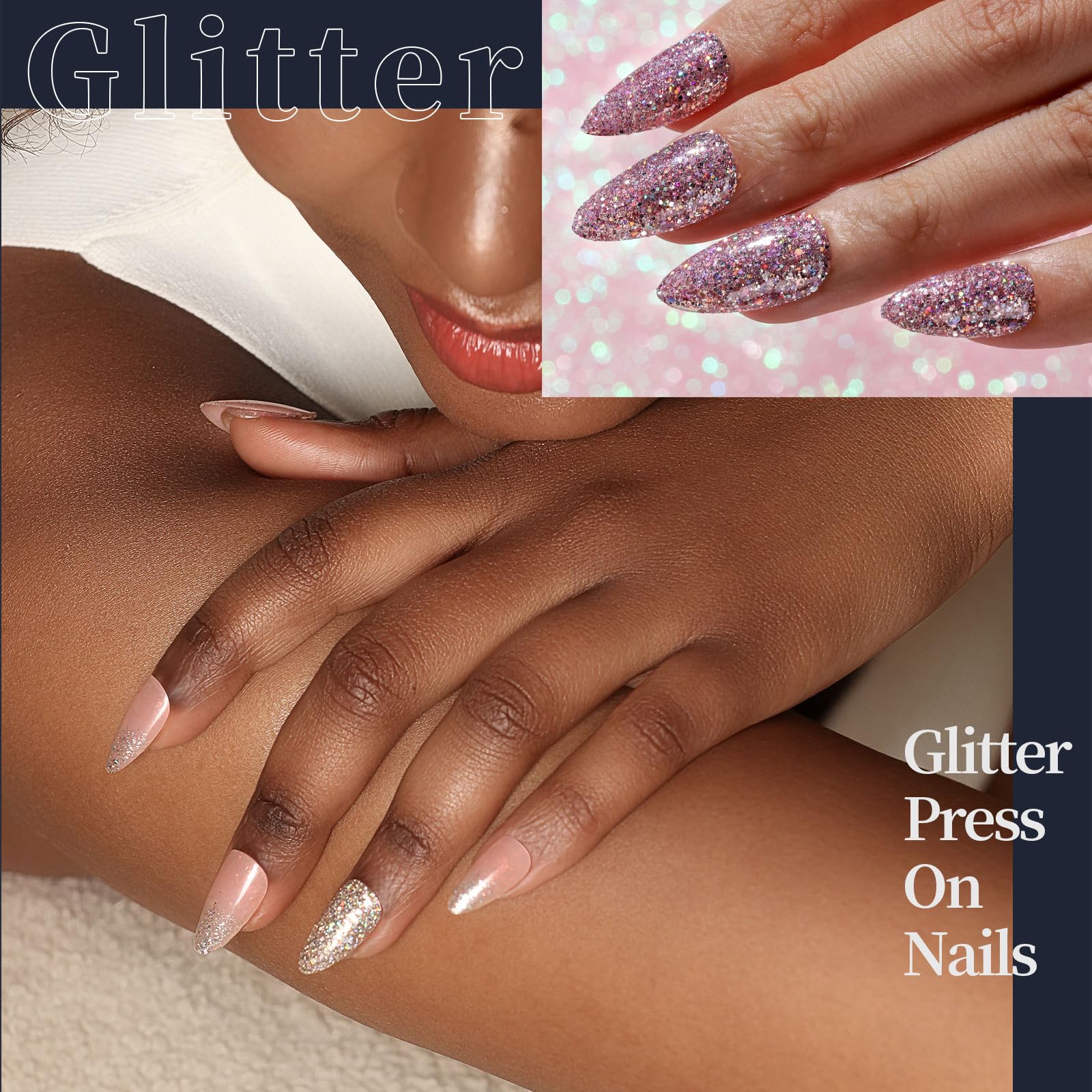 Collage of hands with glitter press-on nails and close-up of nails with text 'Glitter Press On Nails'.