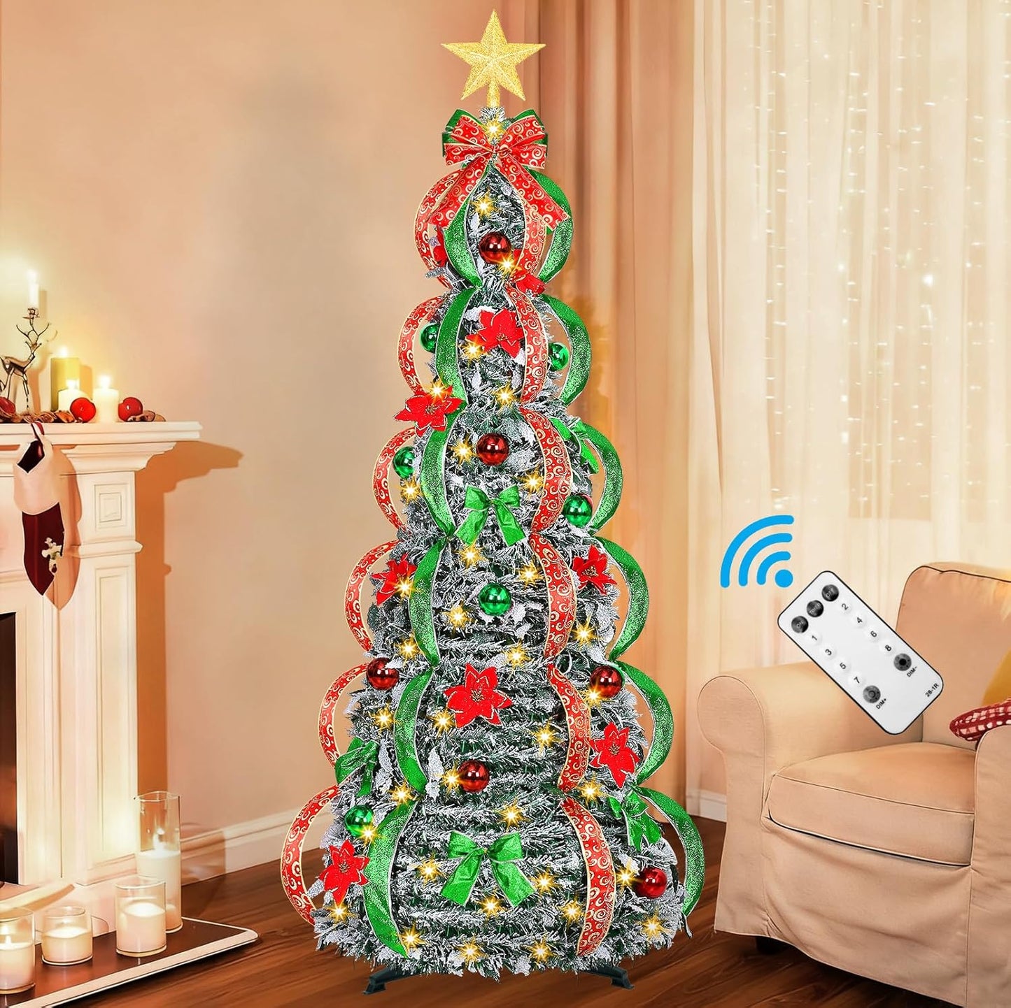 [ 8 Modes & Timer ] 6Ft Prelit Full Pop up Flocked Pencil Christmas Tree with 200 Warm White LED Lights, Balls, Red & Green Ribbon, Bows, Plug in Collapsible Xmas Tree Outdoor Indoor Christmas Decor