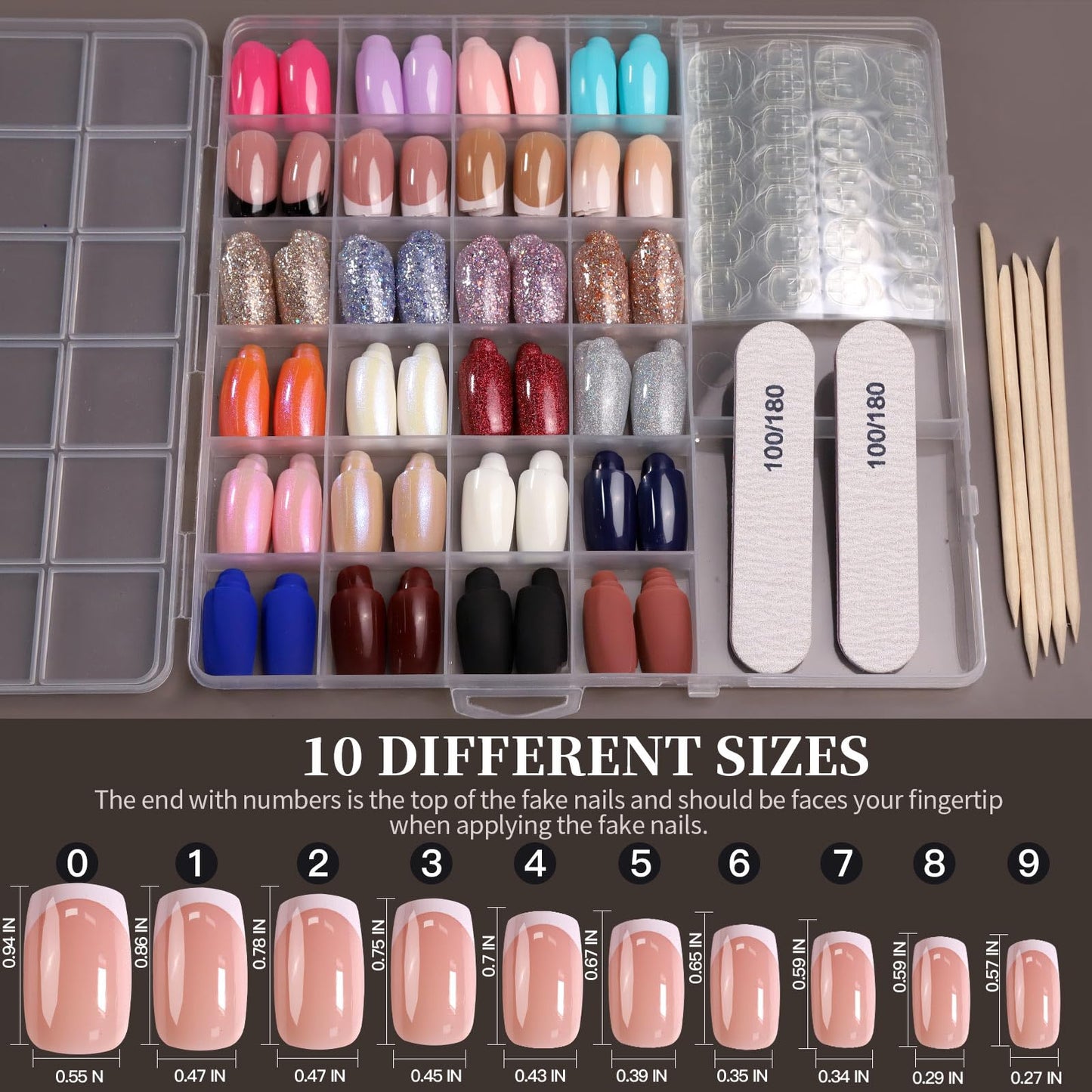 Nail art kit with various nail shapes and sizes in a clear organizer.