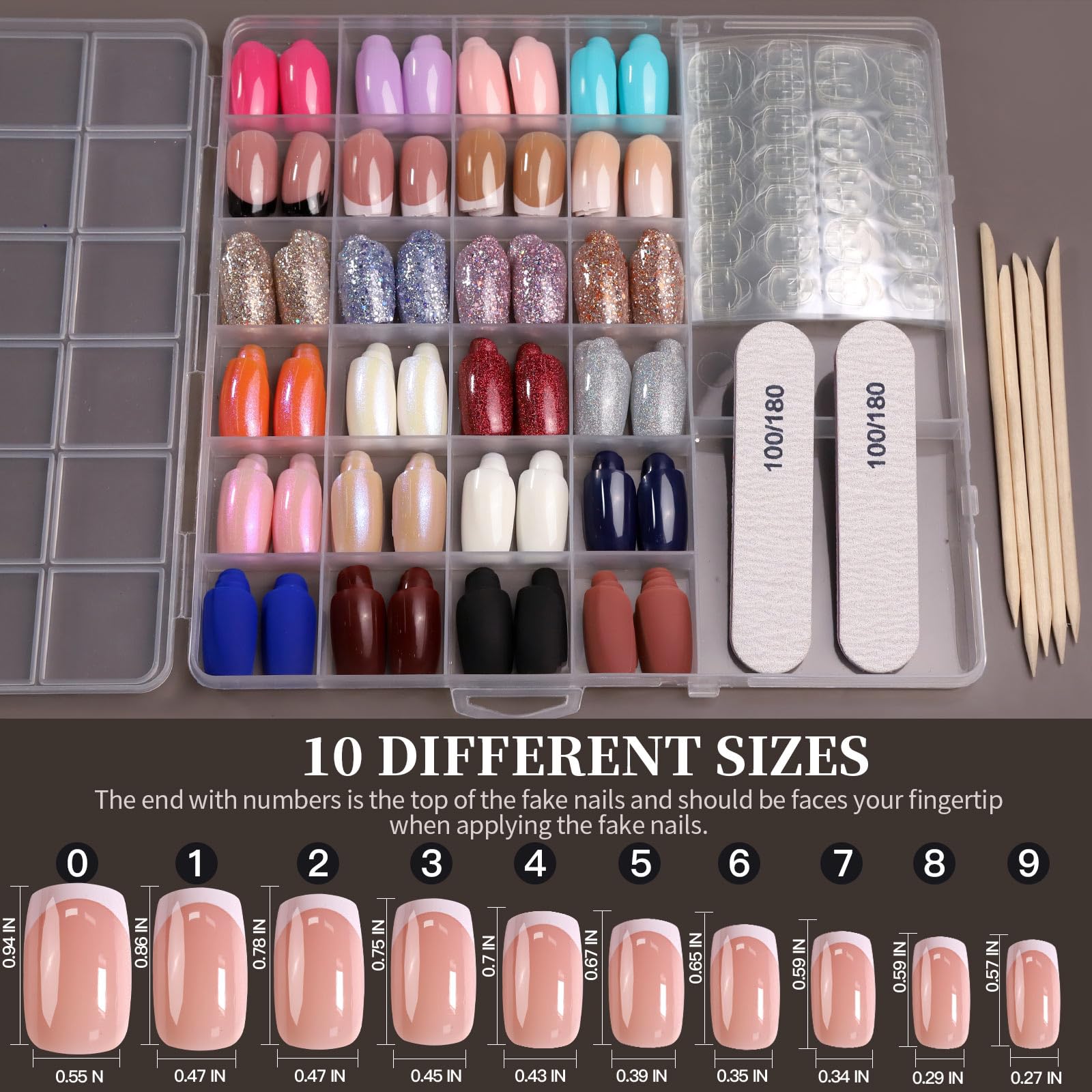 Nail art kit with various nail shapes and sizes in a clear organizer.