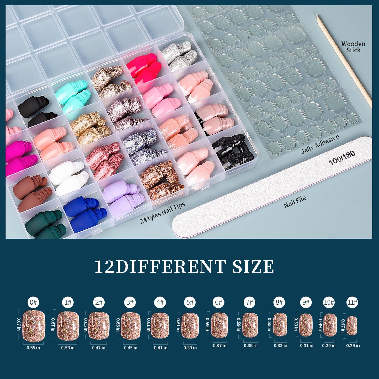 Press on Nails Set 576PCS 24 Colors Short Square Matte Glossy Glitter Natural Fit Lightweight Fake Nails for Nail Art