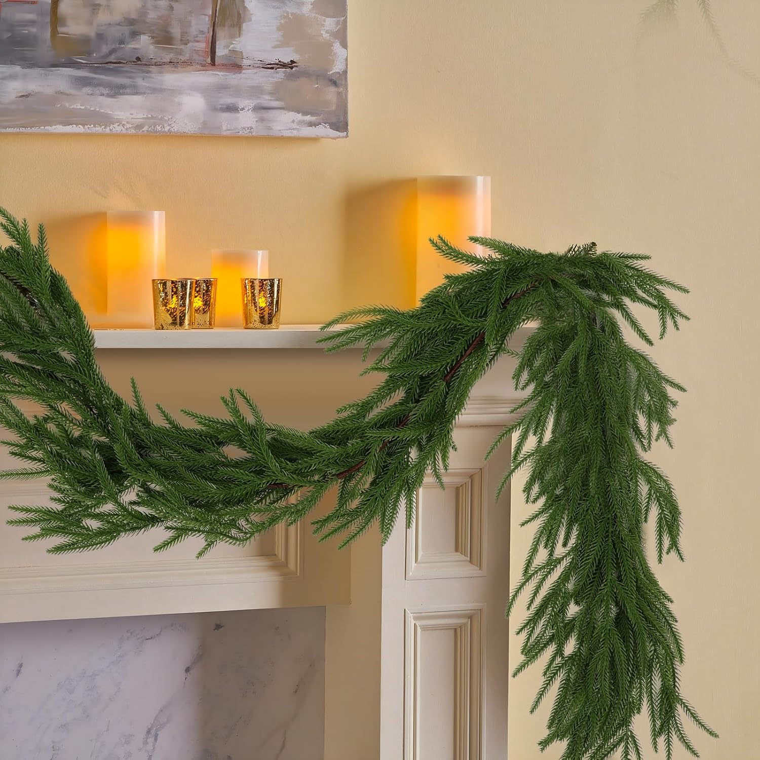 2 Pcs 6 Ft Artificial Norfolk Pine Garlands, Real Touch Winter Pine Garland, Green Artificial Greenery Garland for Table, Mantle, Wall, Indoor, Outdoor Christmas Decorations (2, 6 FT)