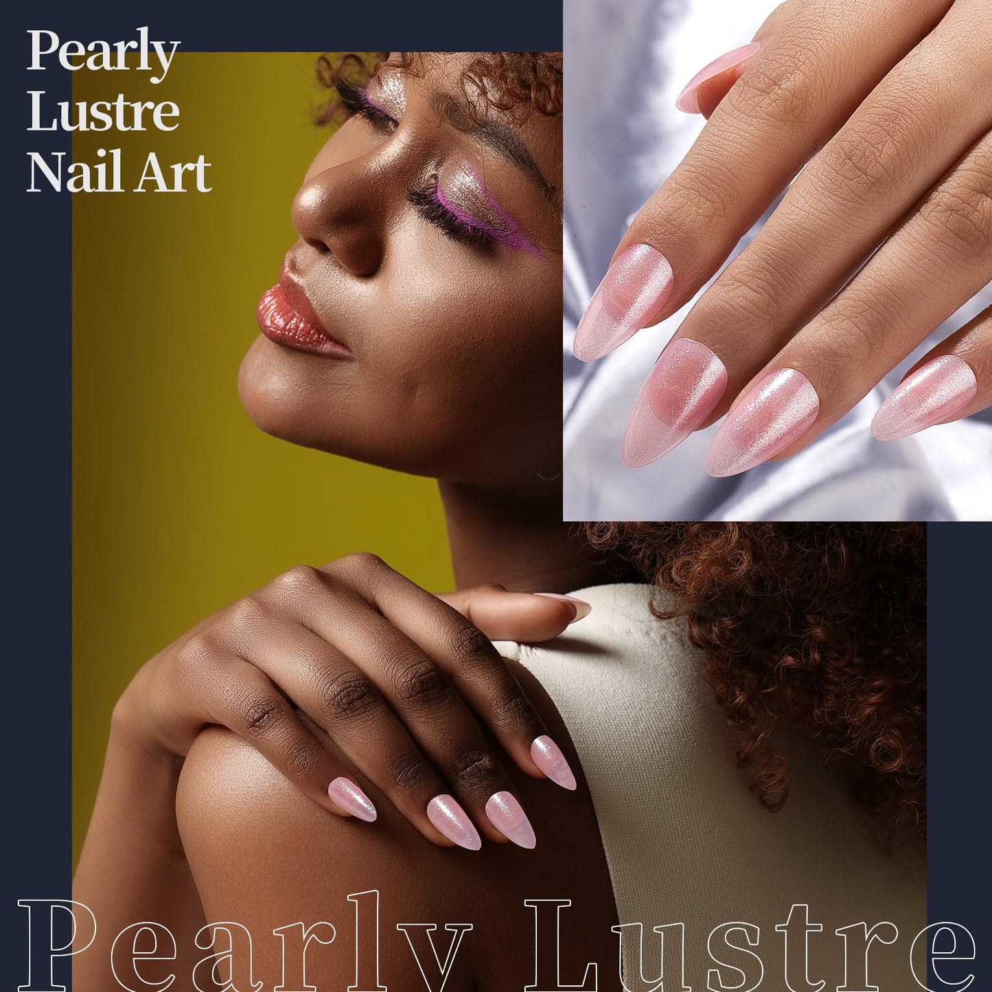 Collage of a woman with pink nail polish, close-up of nails, and text 'Pearly Lustre Nail Art'.