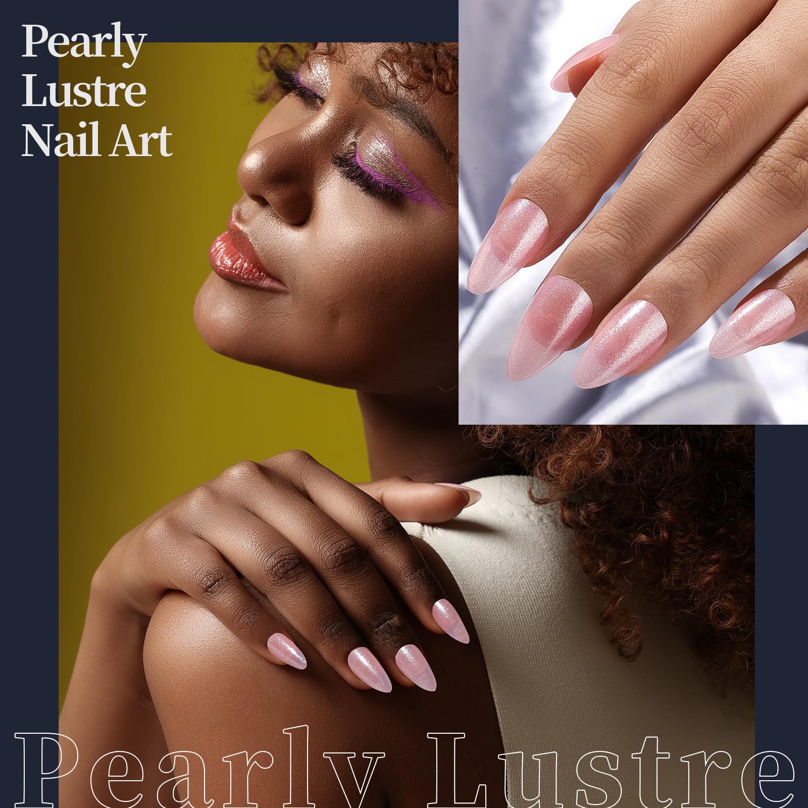 Collage of a woman with pink nail polish, close-up of nails, and text 'Pearly Lustre Nail Art'.