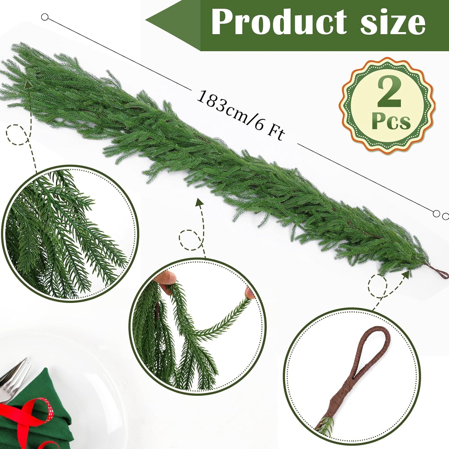 2 Pcs 6 Ft Artificial Norfolk Pine Garlands, Real Touch Winter Pine Garland, Green Artificial Greenery Garland for Table, Mantle, Wall, Indoor, Outdoor Christmas Decorations (2, 6 FT)