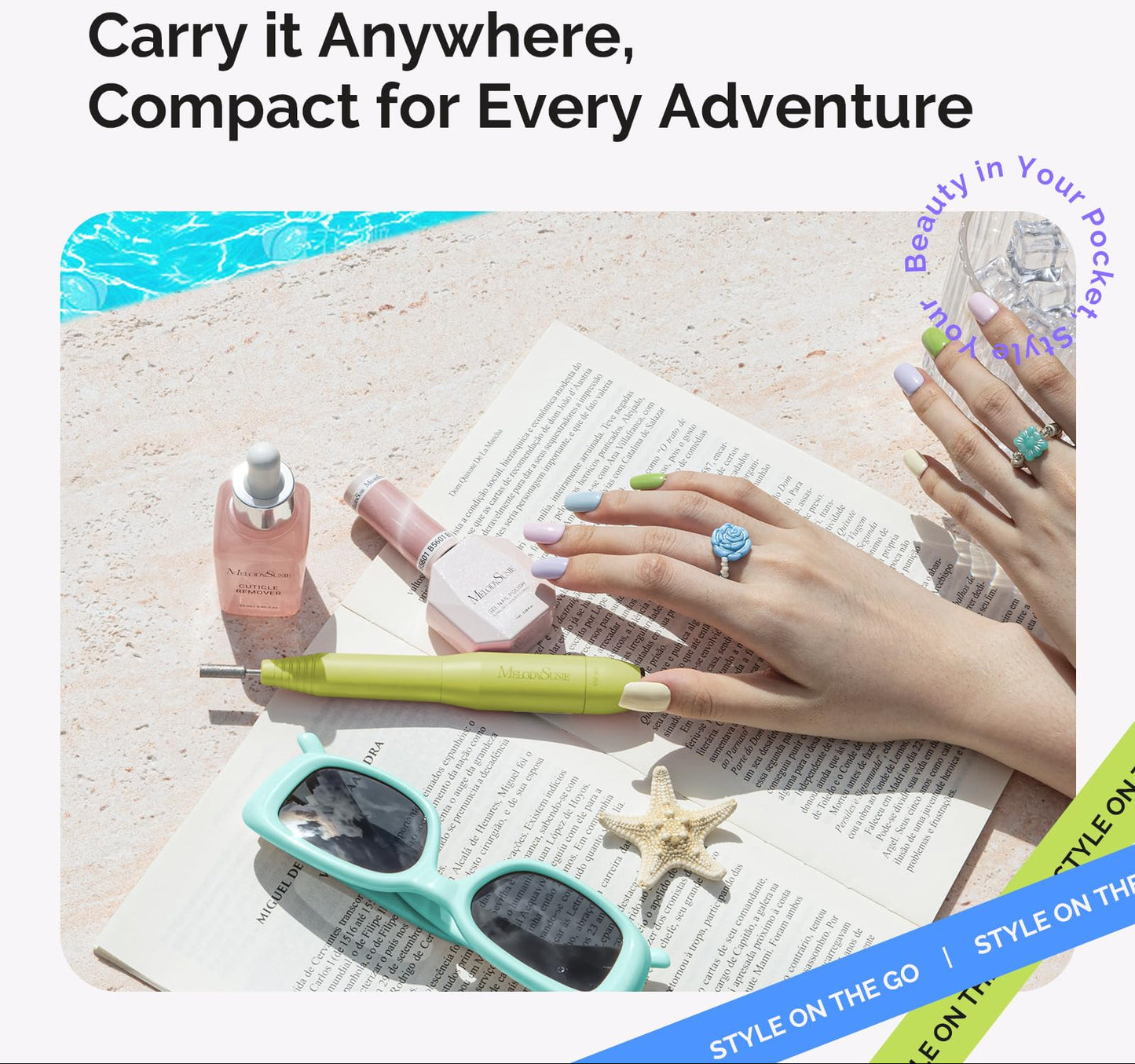 Advertisement for a nail drill set with text 'Carry it Anywhere, Compact for Every Adventure' by Melodius.