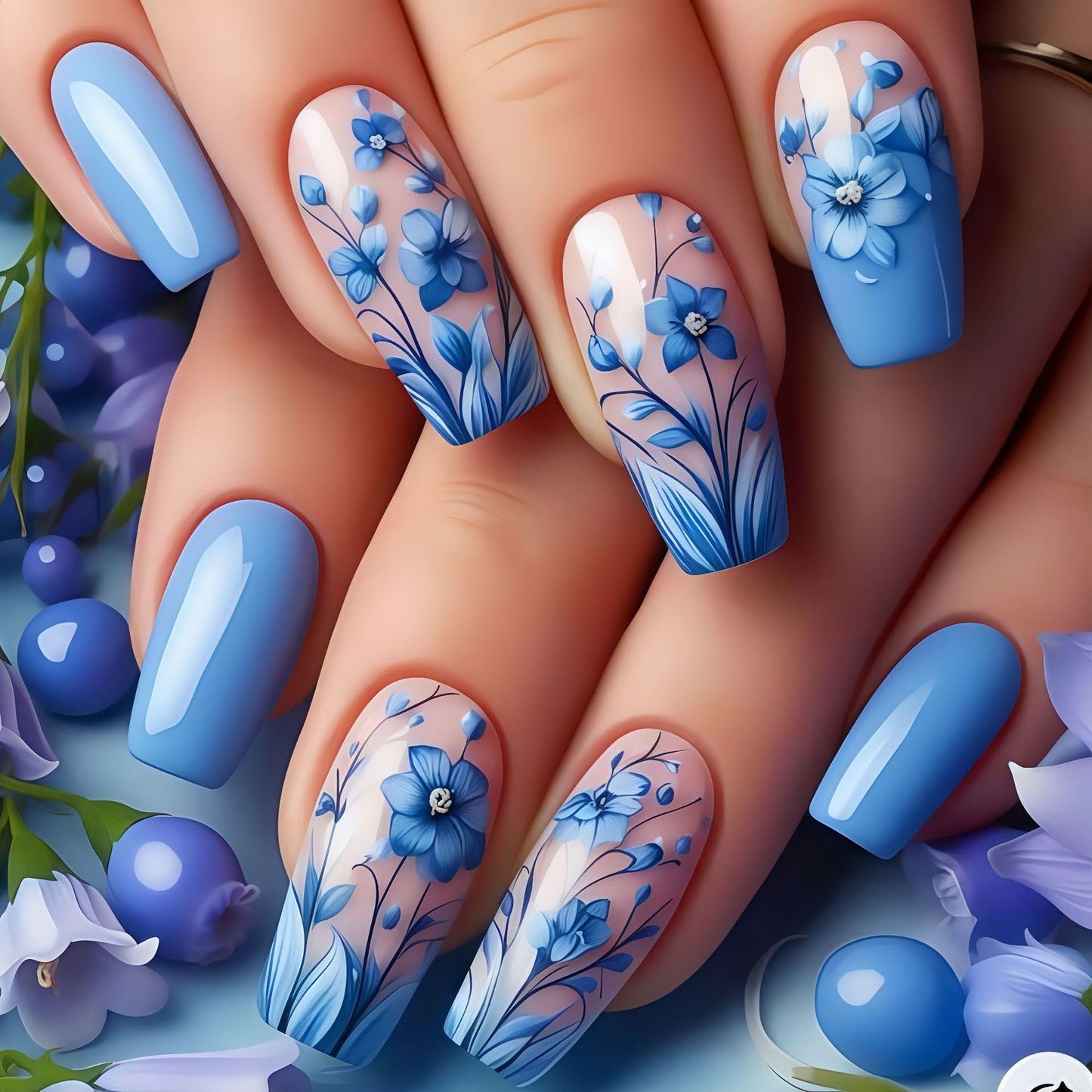 Nails with blue floral design on a hand surrounded by blueberries and flowers