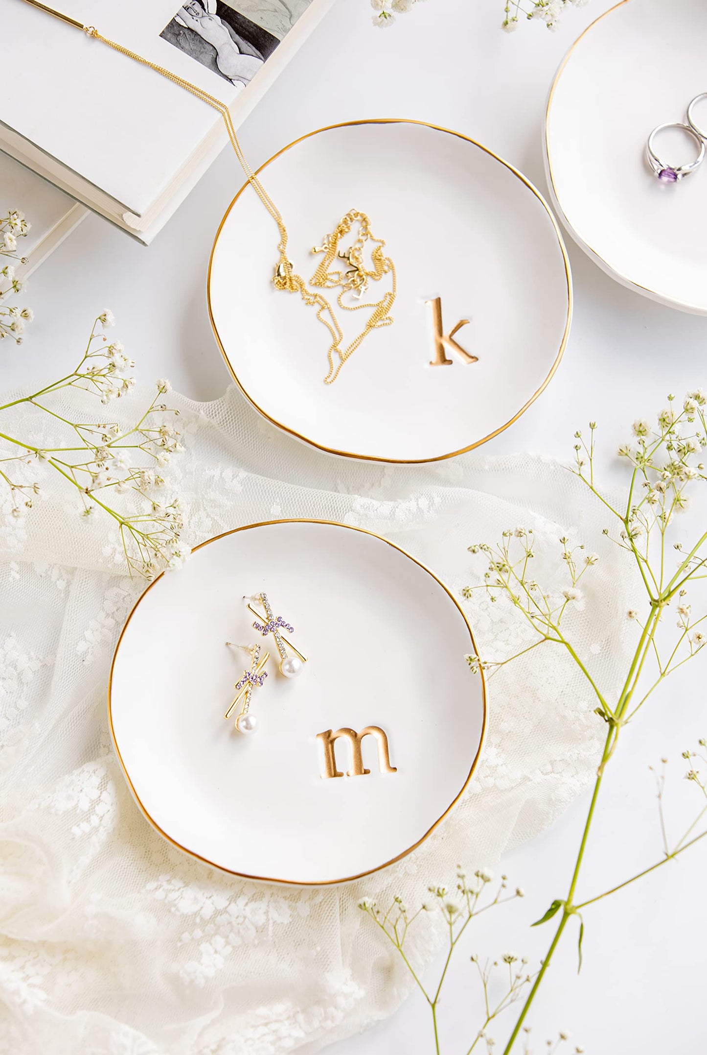 Ceramic Jewelry Tray White Trinket Dish for Rings Earrings Necklace Watch Keys