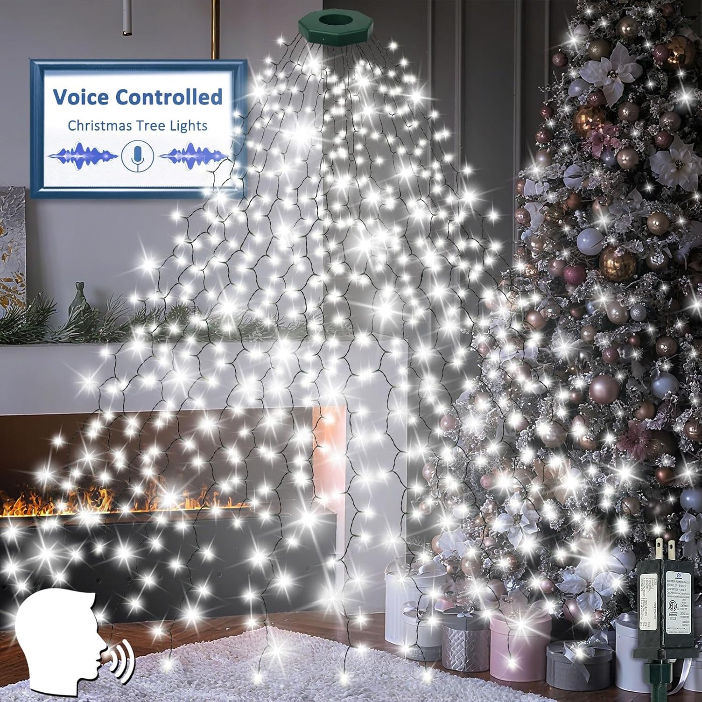 Voice Controlled Christmas Tree Lights with 7 Commands, 480LED Cascading Twinkle Lights 7.9FT 16 Lines Waterproof Waterfall Tree Lights with 12 Modes for Indoor Outdoor Christmas Decor (Warm White)