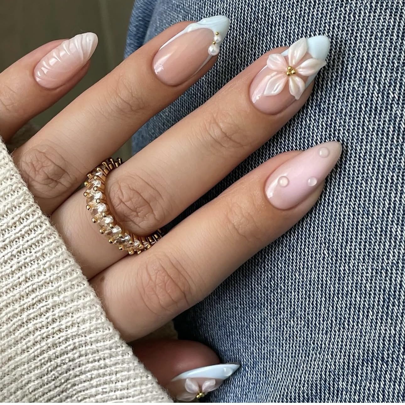 3D Pink Almond Press-On Nails – Medium French Tip Glossy Floral Fake Nails 2