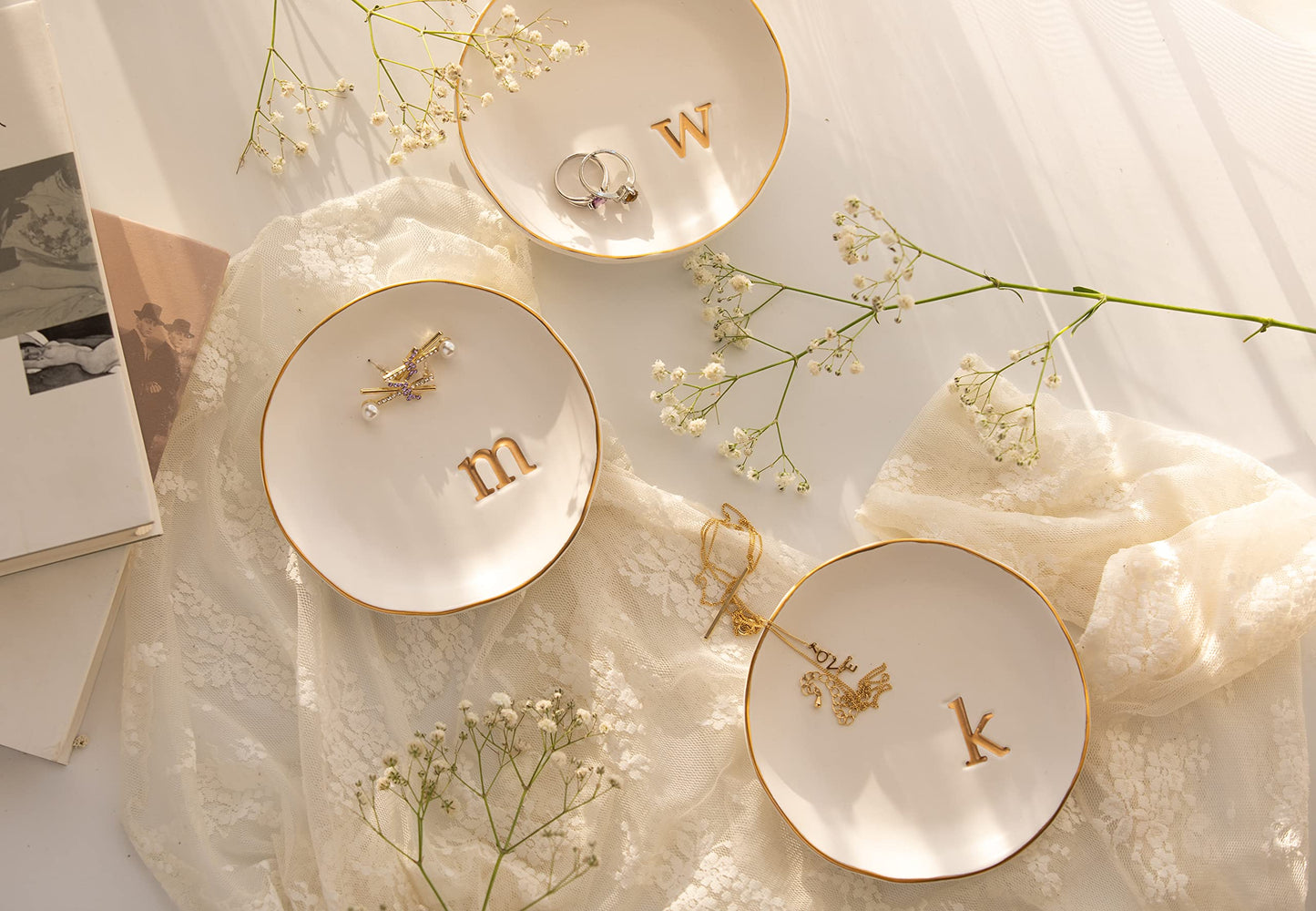 Ceramic Jewelry Tray White Trinket Dish for Rings Earrings Necklace Watch Keys