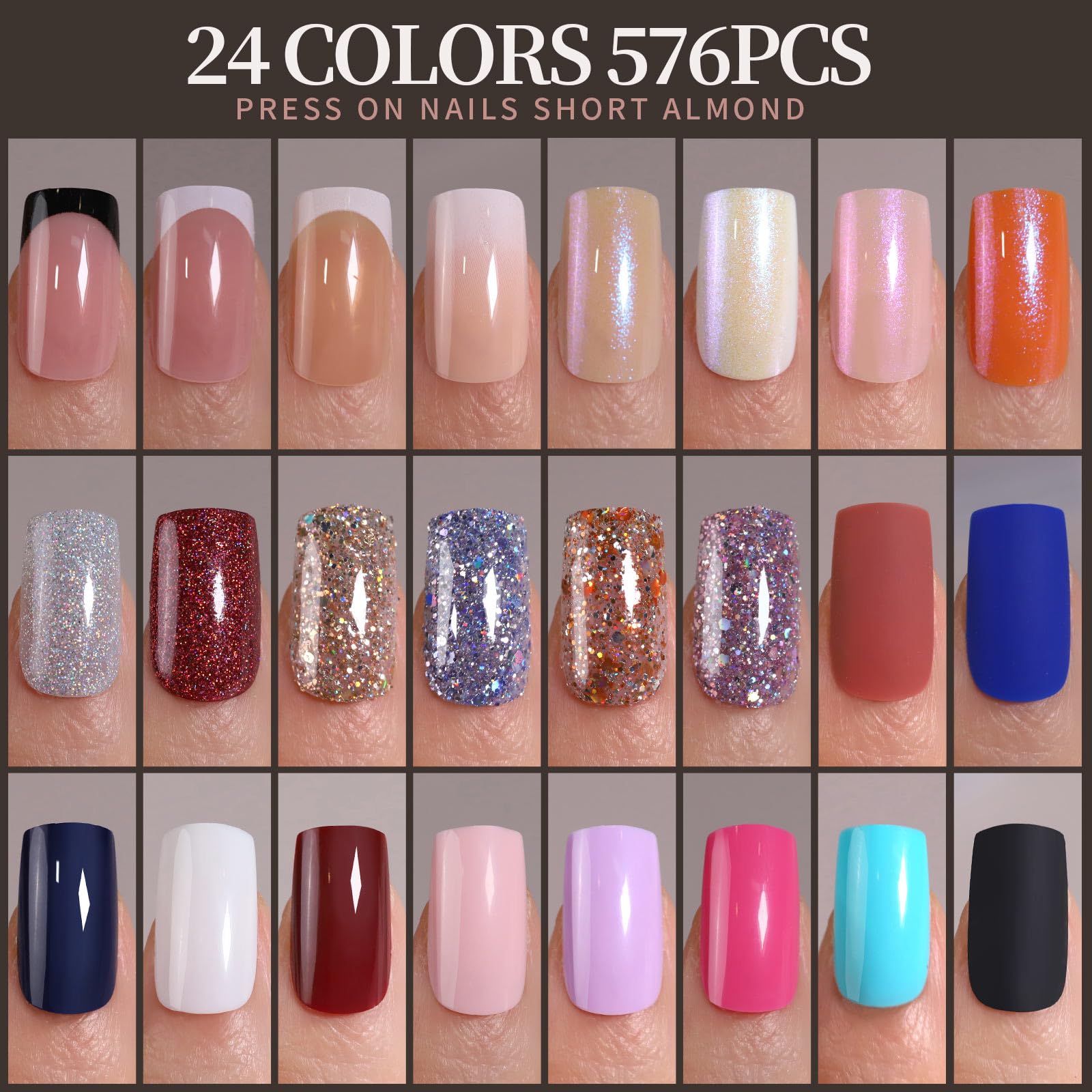 24 colors of press-on nails displayed on a grid with short almond shape.