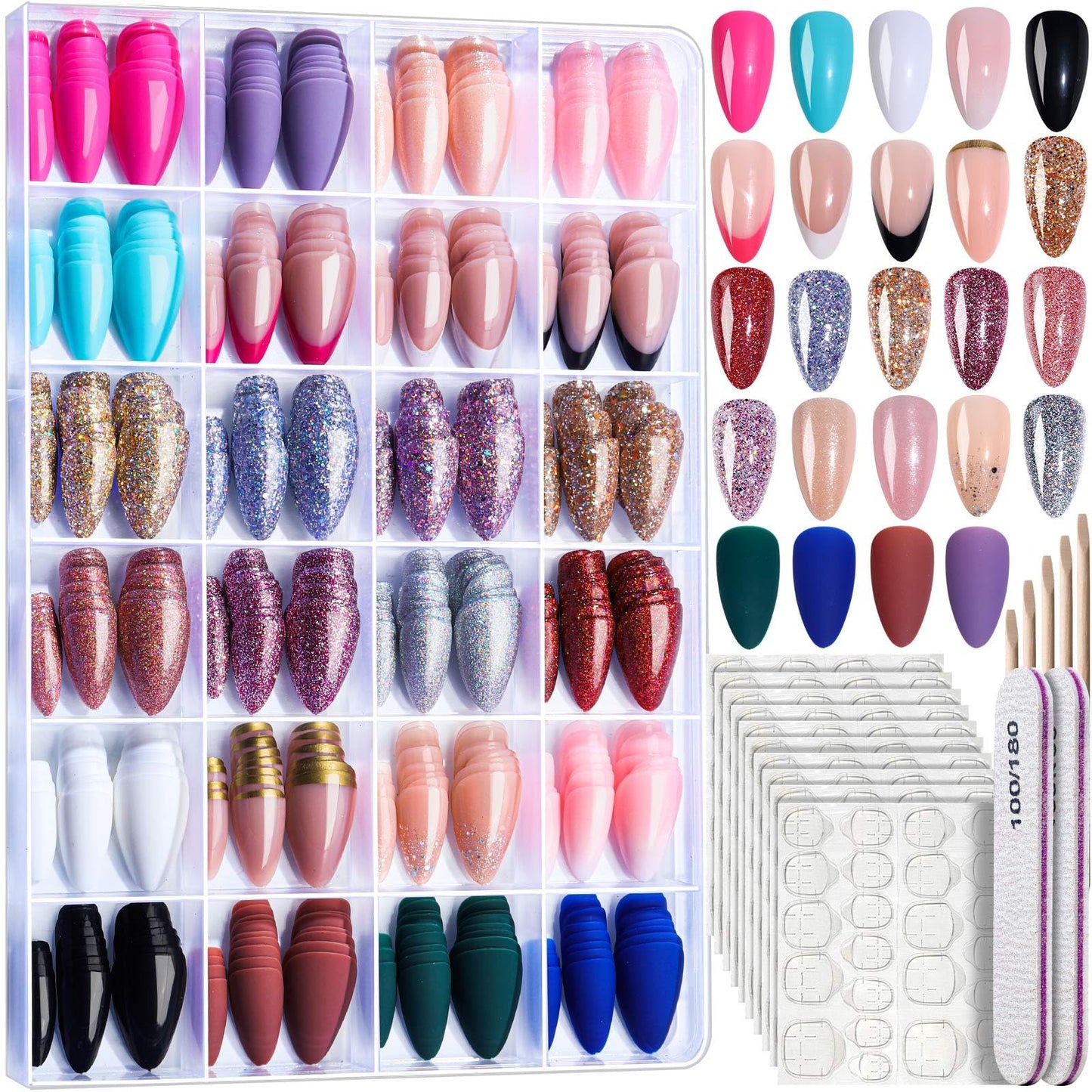 Assorted nail polish colors in a box with nail tools on a white background