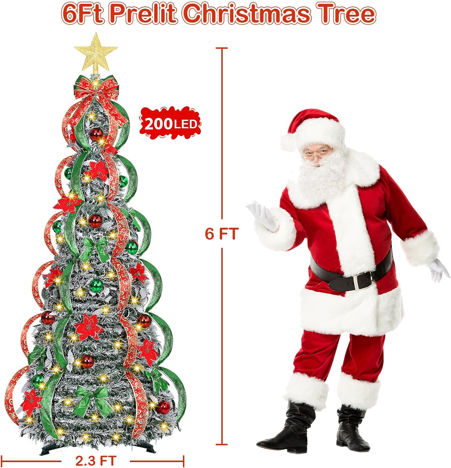 [ 8 Modes & Timer ] 6Ft Prelit Full Pop up Flocked Pencil Christmas Tree with 200 Warm White LED Lights, Balls, Red & Green Ribbon, Bows, Plug in Collapsible Xmas Tree Outdoor Indoor Christmas Decor