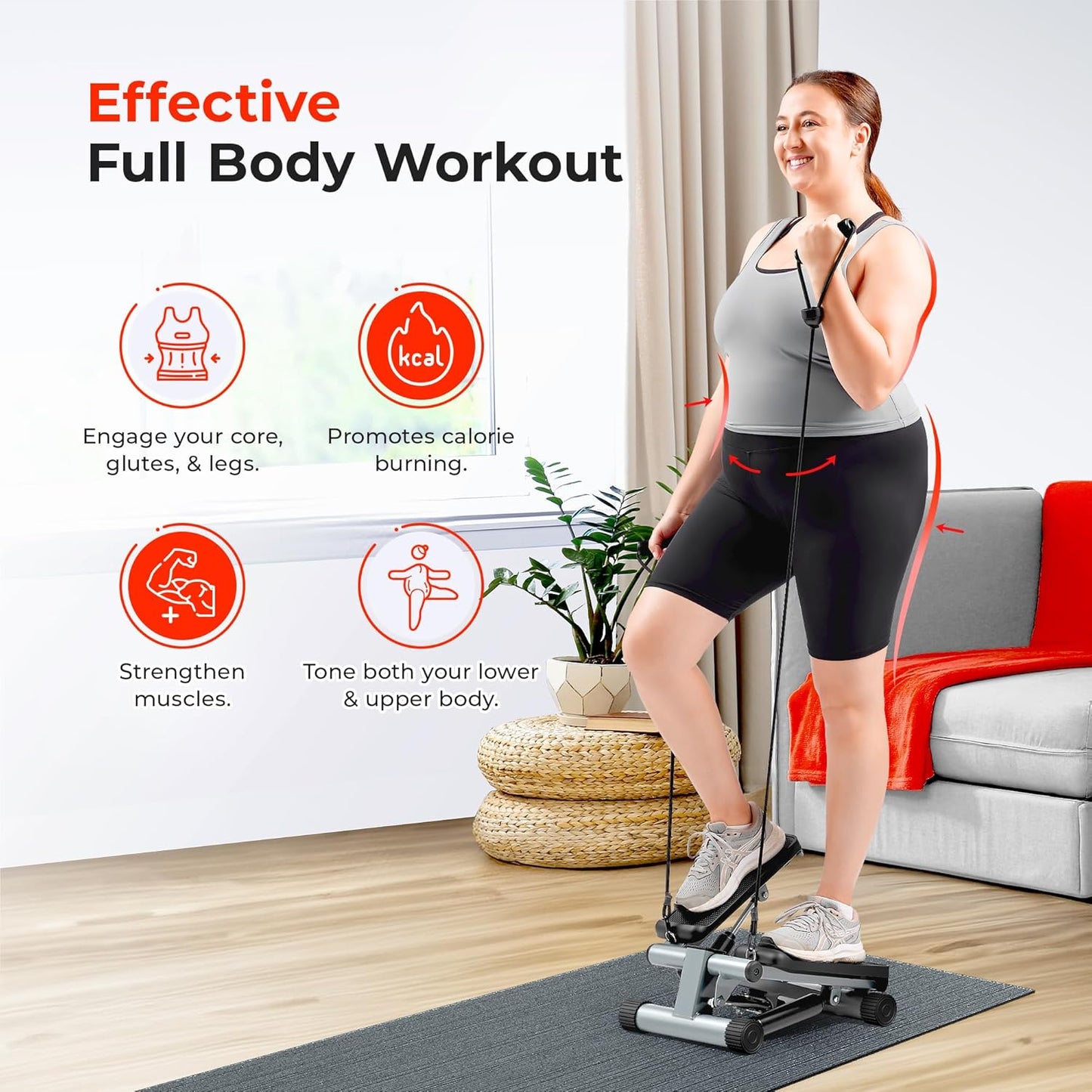 Mini Stepper for Exercise at Home, Stair Step Workout Machine with Resistance Band and over 300Lb Weight Capacity, Optional Twist Motion and Free Sunnyfit App Connection