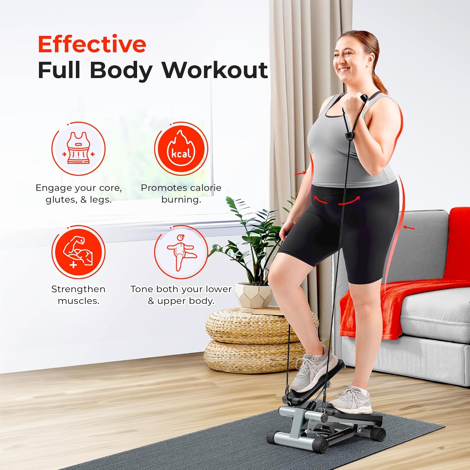 Mini Stepper for Exercise at Home, Stair Step Workout Machine with Resistance Band and over 300Lb Weight Capacity, Optional Twist Motion and Free Sunnyfit App Connection