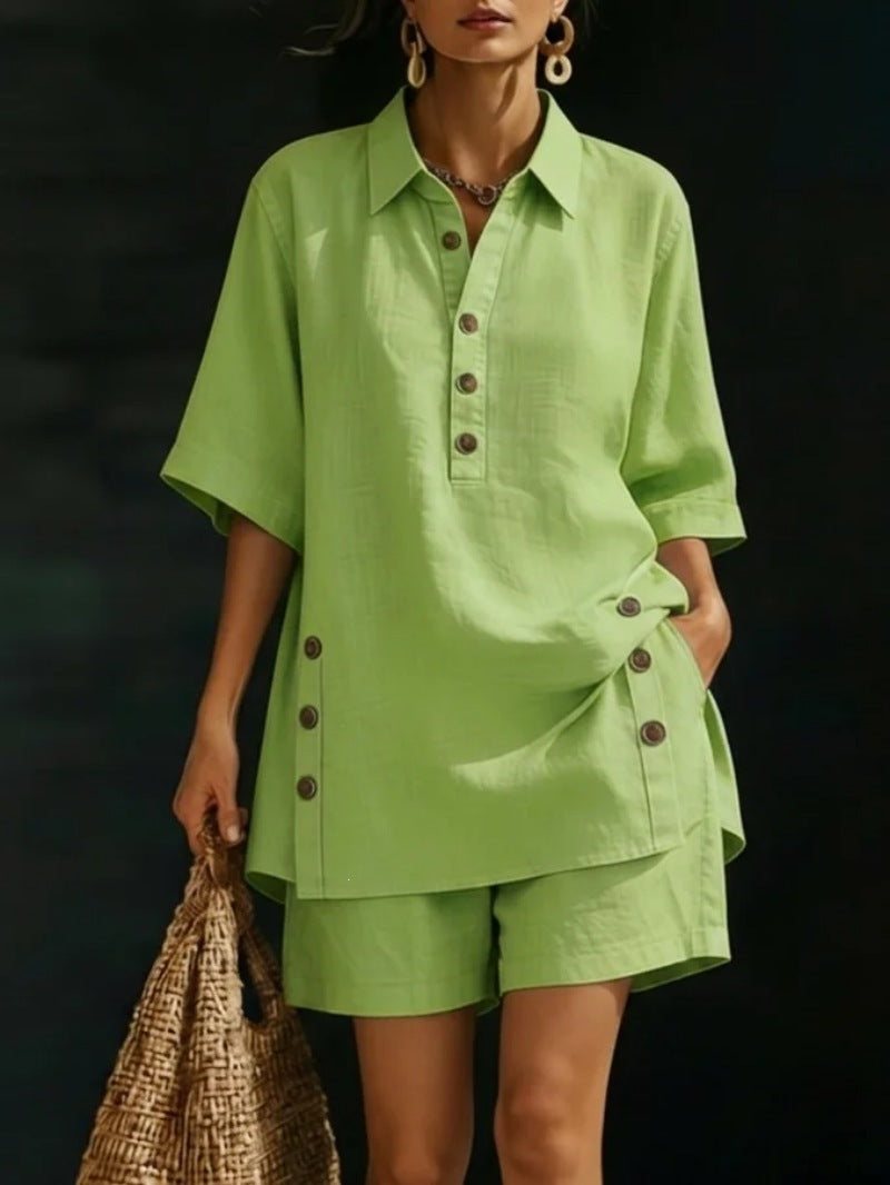 Women's Short Sleeve Shirt and Relaxed Cropped Pants Two-Piece Set