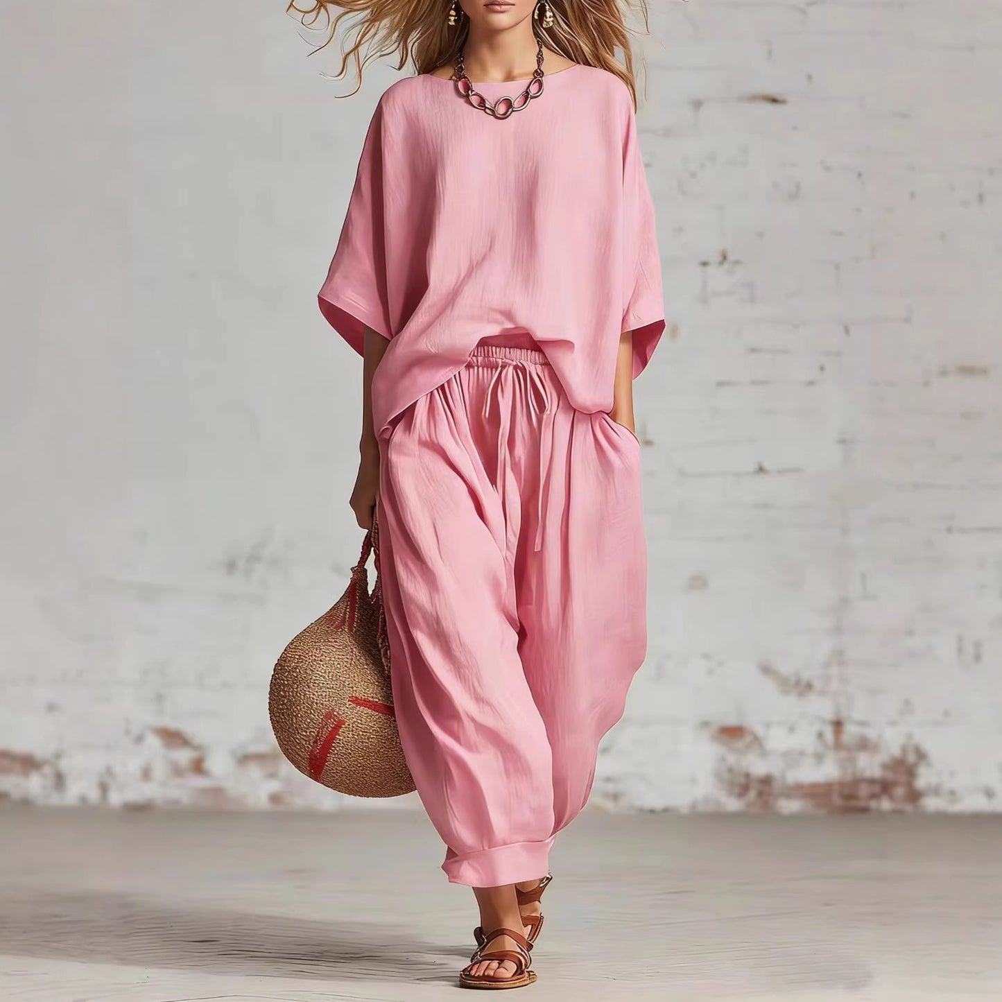 Women's Solid Color Relaxed Fit Two-Piece Casual Set