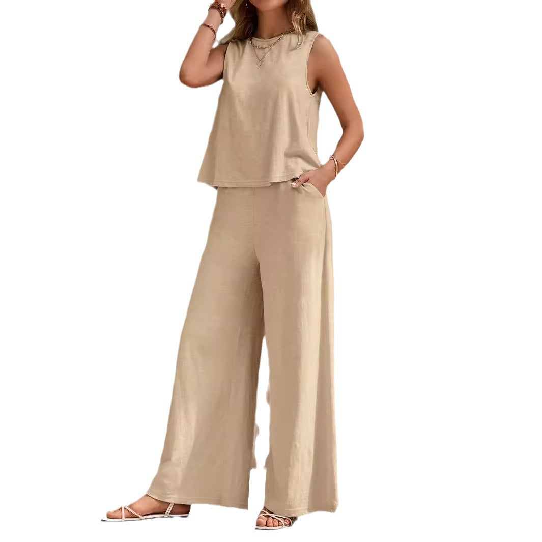 Women Solid Color Two Piece Set Loose Top and Full Length Pants