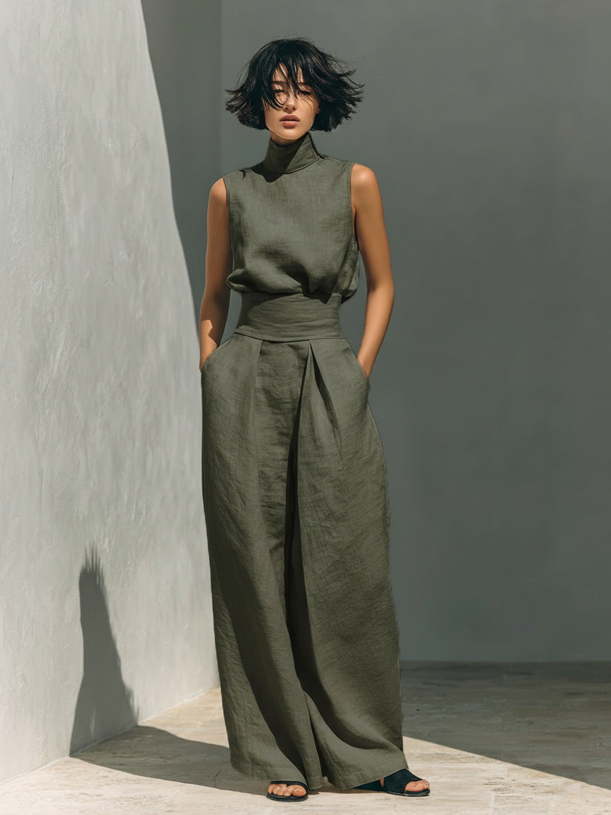 Women Cotton Linen Sleeveless Top and Wide Leg Pants Set