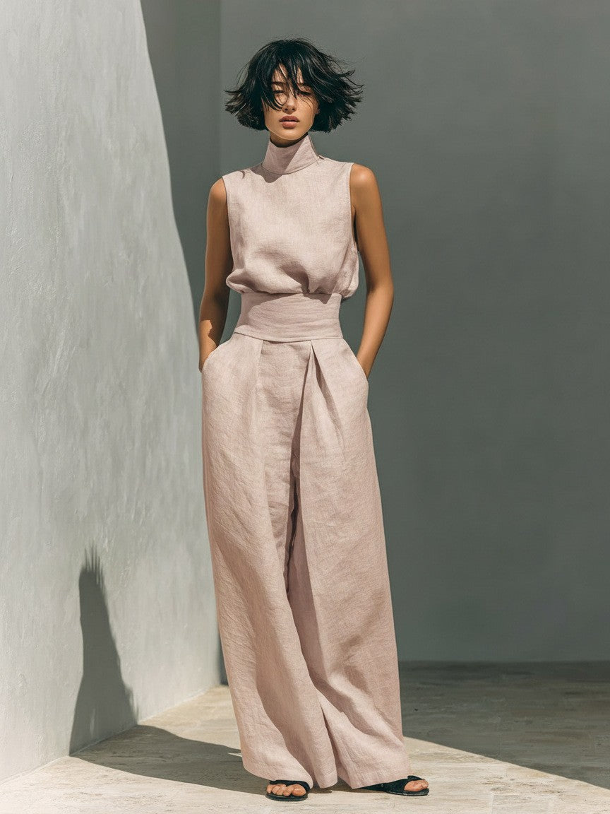 Women Cotton Linen Sleeveless Top and Wide Leg Pants Set