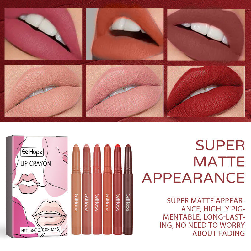 Set of lip crayons with packaging and color swatches on a red background