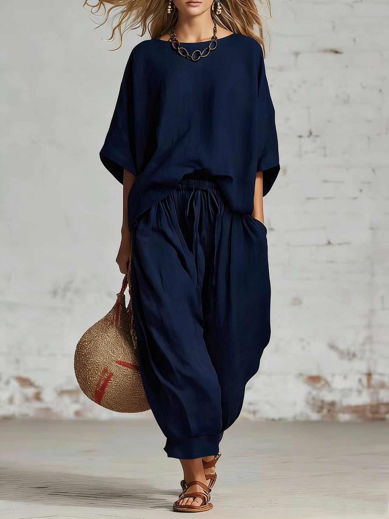 Women's Solid Color Relaxed Fit Two-Piece Casual Set