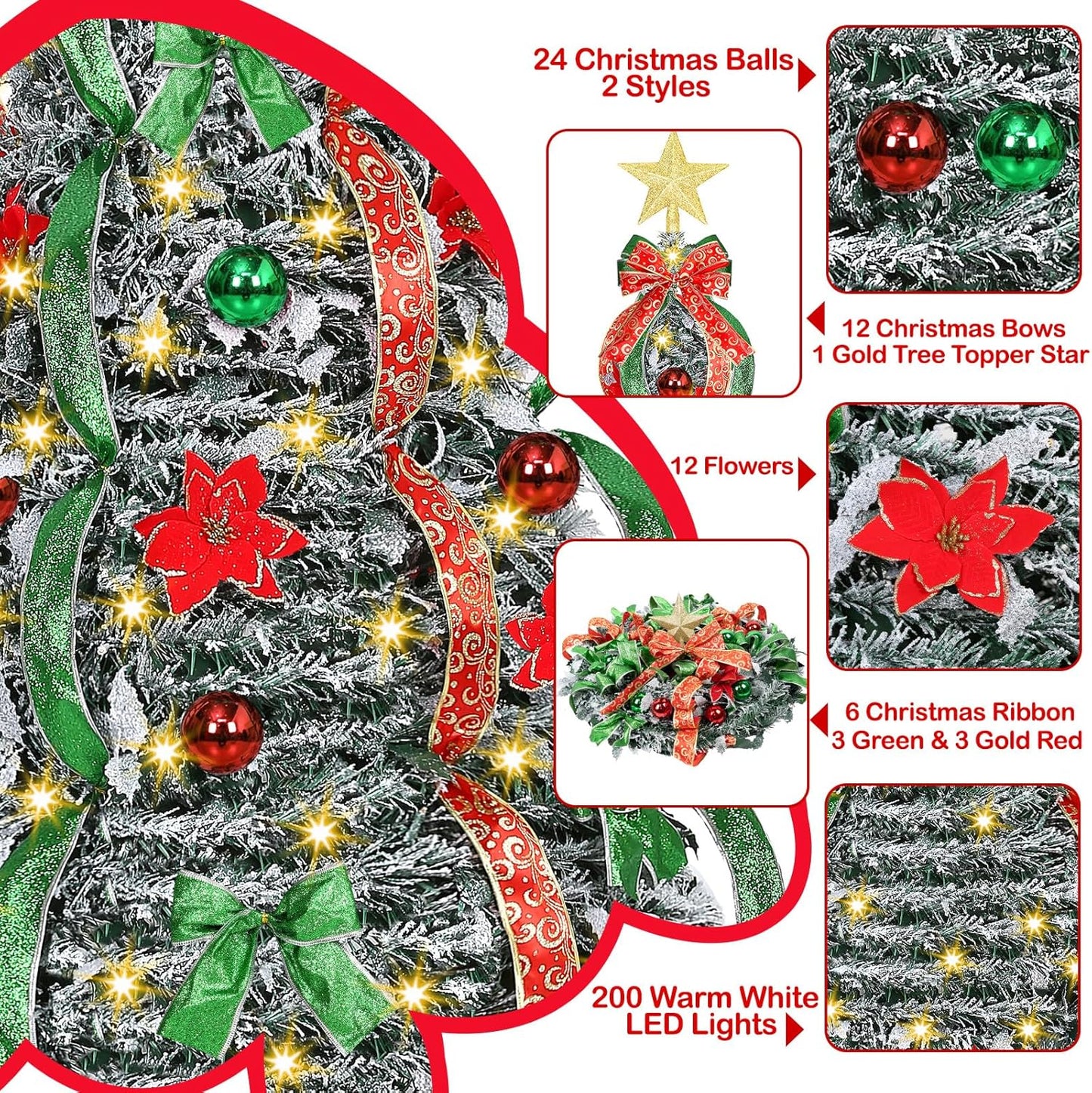 [ 8 Modes & Timer ] 6Ft Prelit Full Pop up Flocked Pencil Christmas Tree with 200 Warm White LED Lights, Balls, Red & Green Ribbon, Bows, Plug in Collapsible Xmas Tree Outdoor Indoor Christmas Decor