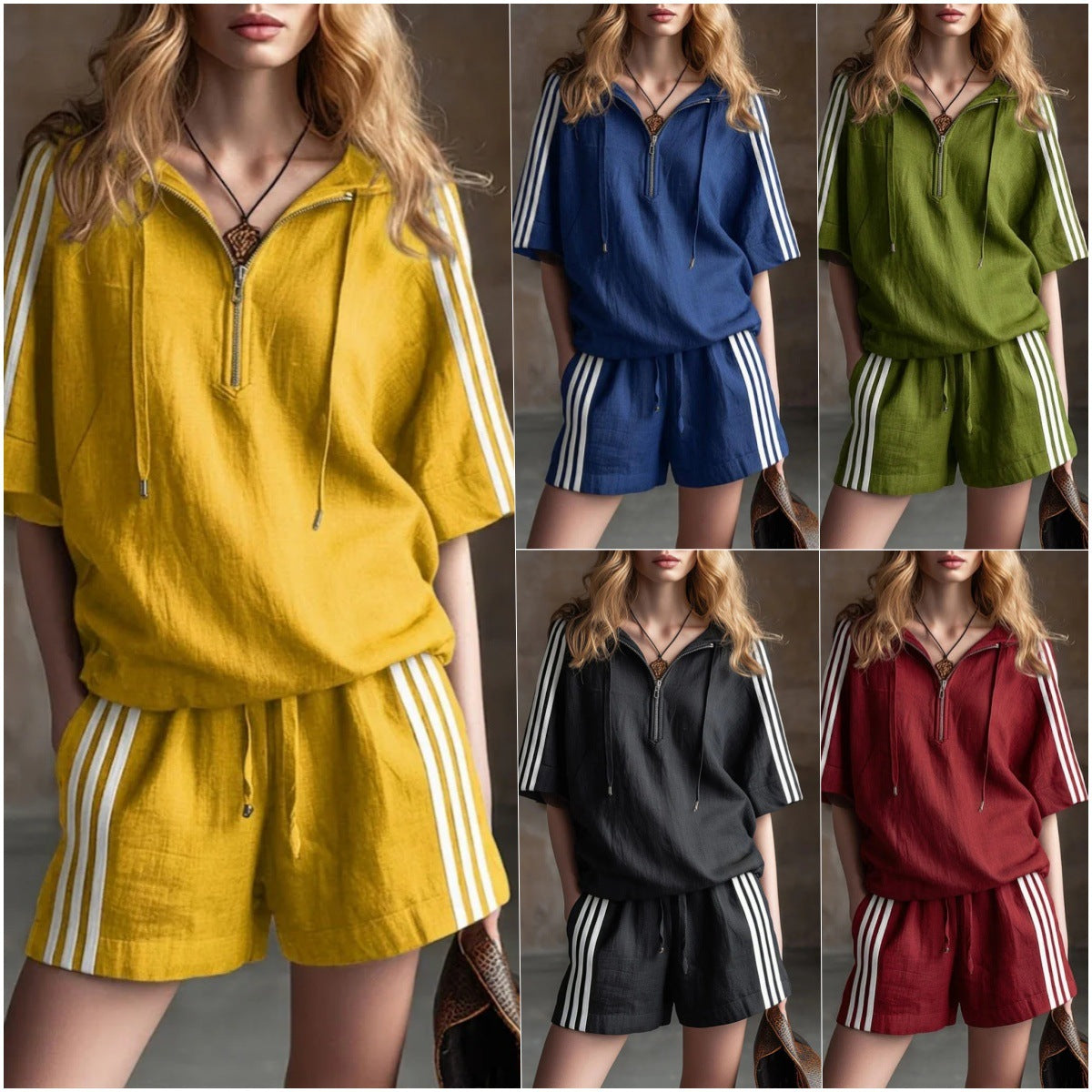 Collage of a person wearing different colored outfits with white stripes, including yellow, blue, green, black, and red.