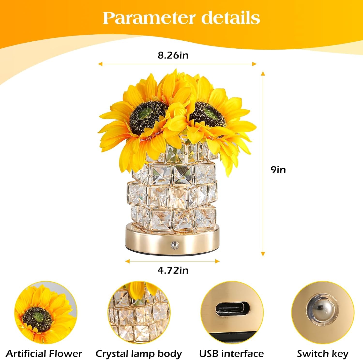 Sunflowers Flower Lamp,Rechargeable Cordless Touch Table Lamp,3-Colour Infinitely Dimming Small Night Light,Festival Restaurant Bedroom Bar Coffee Shop Birthday Gifts for Women Mom