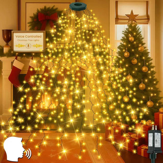 Voice Controlled Christmas Tree Lights with 7 Commands, 480LED Cascading Twinkle Lights 7.9FT 16 Lines Waterproof Waterfall Tree Lights with 12 Modes for Indoor Outdoor Christmas Decor (Warm White)