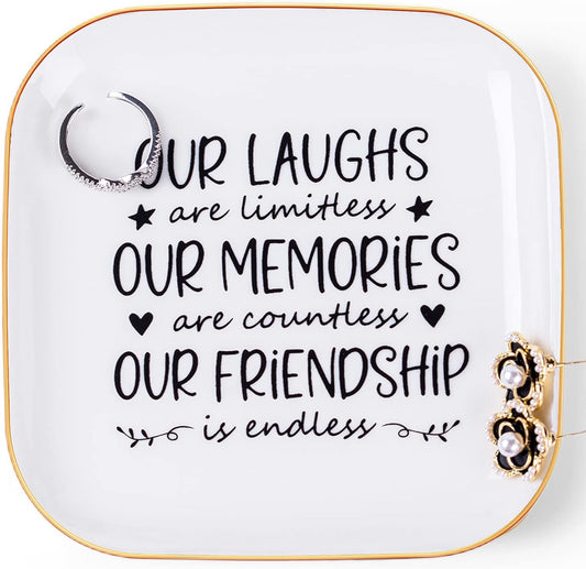 Friendship Gifts for Women Best Friend Jewelry Dish, Our Laughs Are Limitless, Our Memories Are Countless, Our Friendship Is Endless Unique Gifts for Women, Female Friend Birthday Christmas
