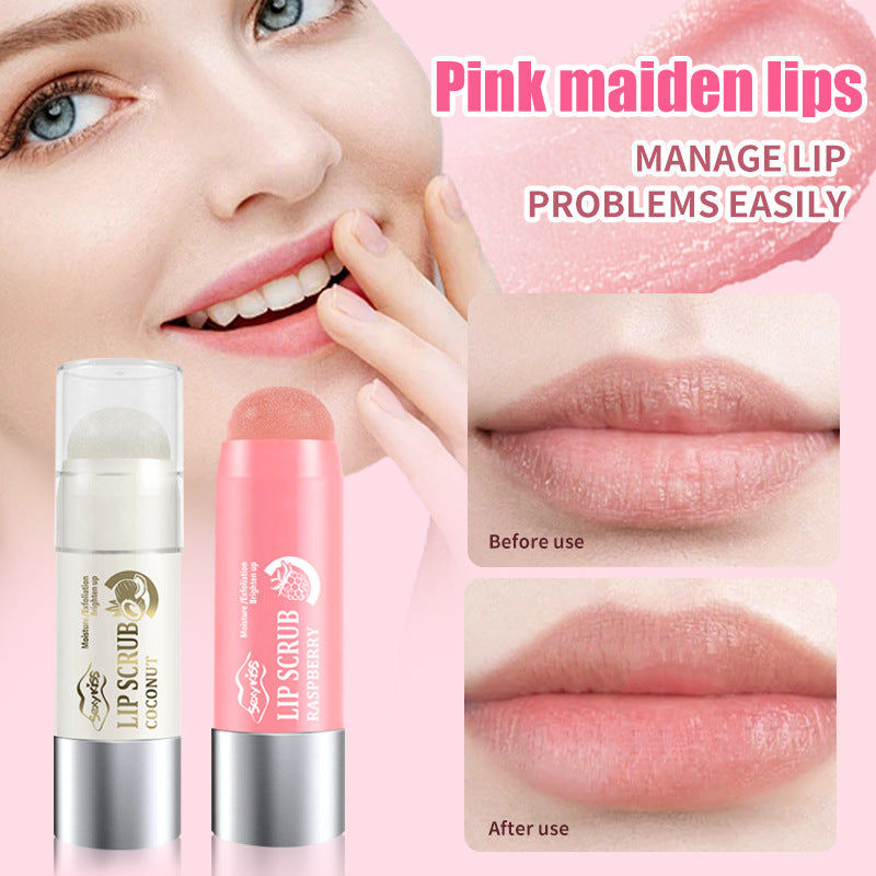 Lip scrub product with before and after effects on lips, labeled 'Pink maiden lips manage lip problems easily'.