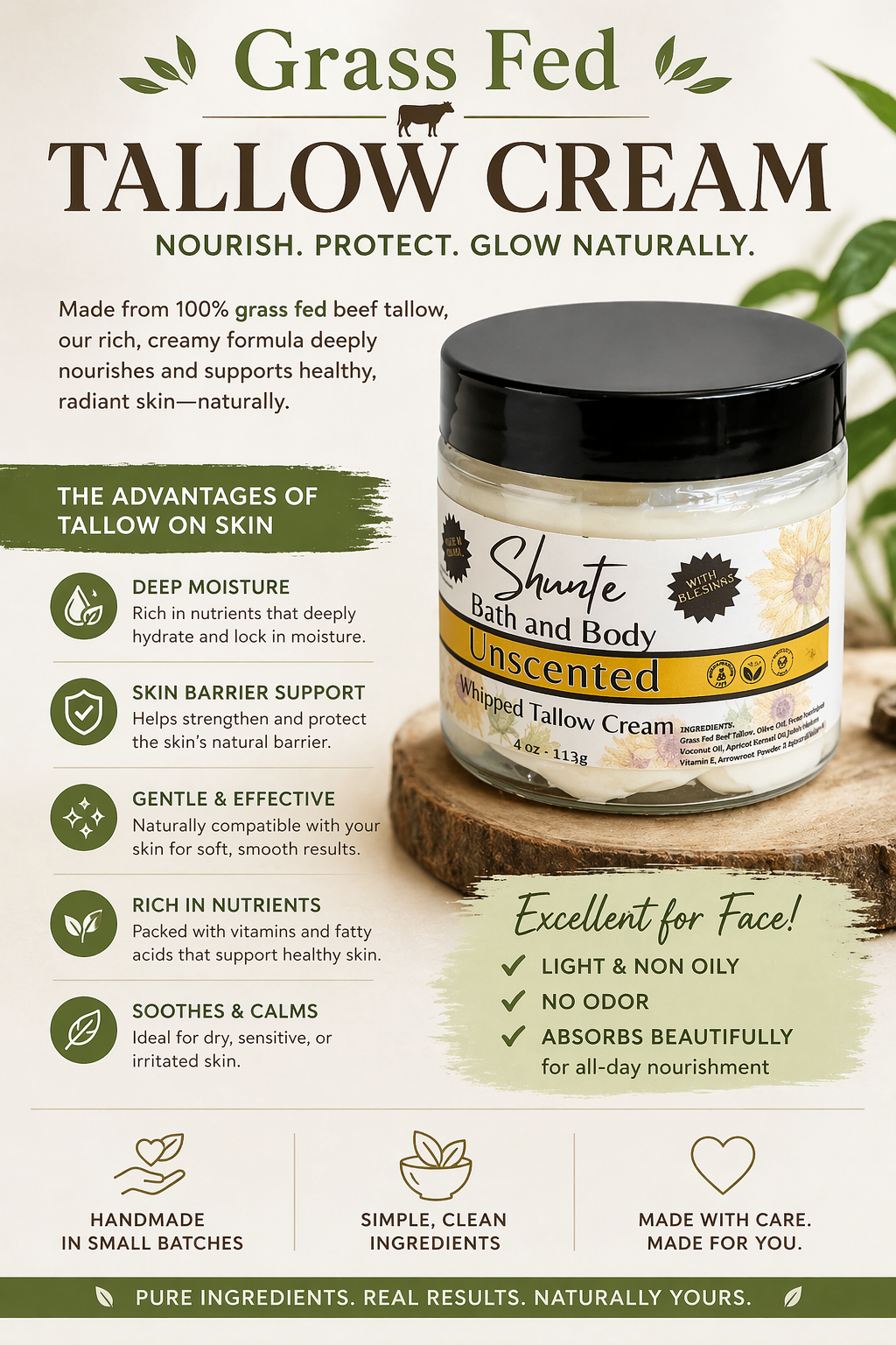 Grass-Fed Whipped Tallow Cream for Face and Body, 4 oz